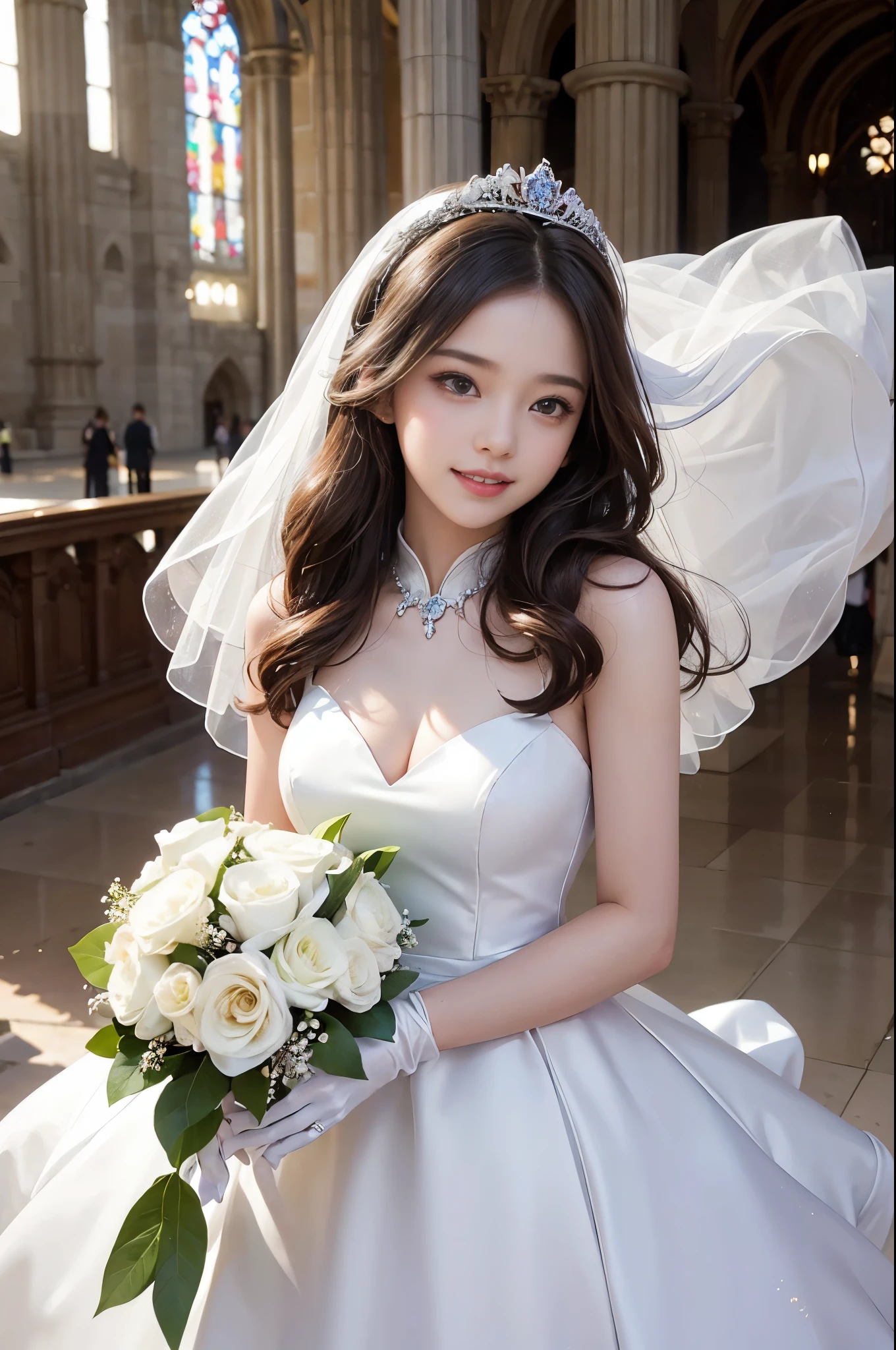 best quality, masterpiece, 1 girl, 5 fingers, long hair, huge laugh, cute , shiny lips, sweet, sun glare, Conservative attire, white gloves, bouquet, wedding dress, bridal tiara, depth of field, blurred background, Cathedral Background, light particles, strong wind, head tilt