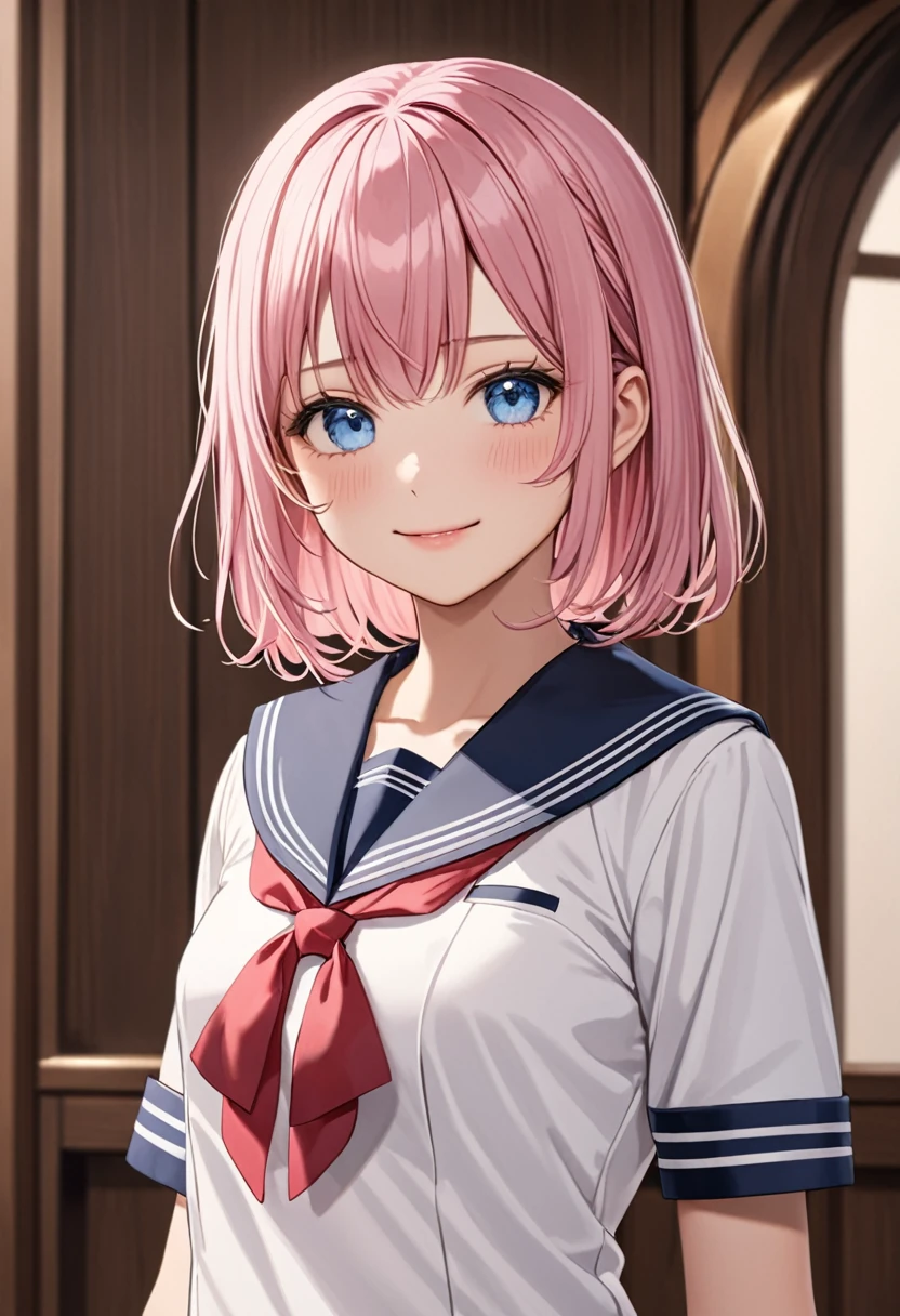 (masterpiece, top quality, very aesthetic, 4k、), intricate detail, 1girl,stand、cowboy shot、front view,light smile、
Cute 、pink hair、middle hair,sidelock ,,blue eyes、sailor uniform、small breasts,Slim 、JK