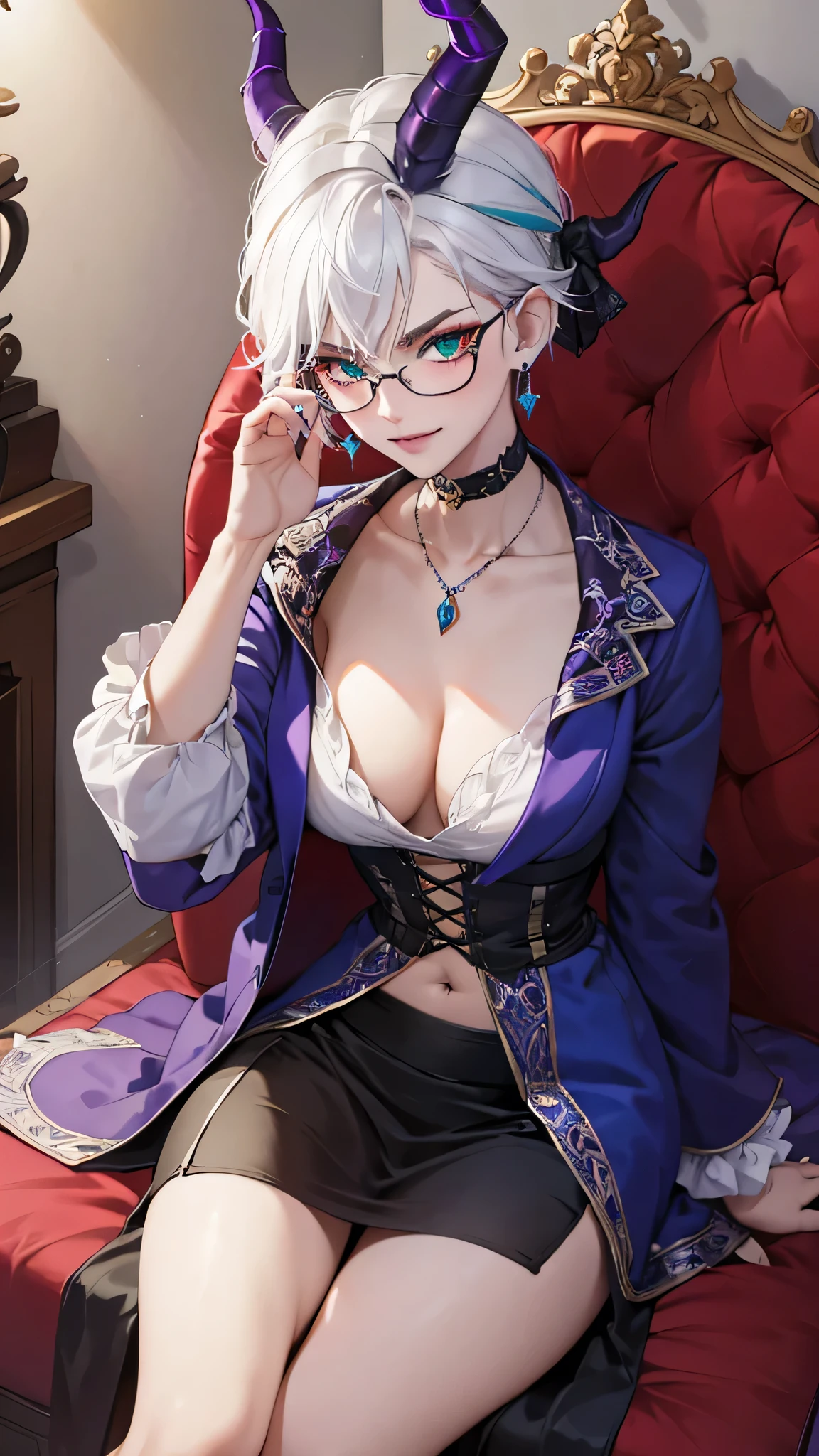 8k, masterpiece, best quality, highly detailed, 1 girl, tiefling, warlock, multicolored hair, very short straight hair green highlight hair on white hair, strippled hair, wearing glasses, round glasses, earrings, red eyeshadow, long eyelashes,navel piercing, blushed cheek, necklace, collarbone, mole, glamorous, purple and teal clothing, villainy, smirk, seductive face, close up view, rings, looking at viewer, demon horns, solo, victorian dress, palace, blue pale moon, sitting on throne