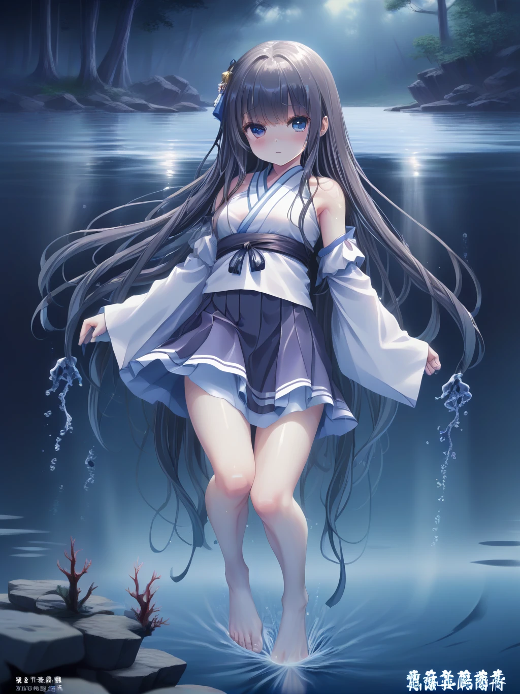  partially underwater, lakeの女神, Long Hair, Wet Hair,
lake,Dark Background, Blurred Edges,8--old、t Chest、skirt、Above the water line from the neck、Corpses in the water, Underwater Photography、浮力でskirtがめくれる、God