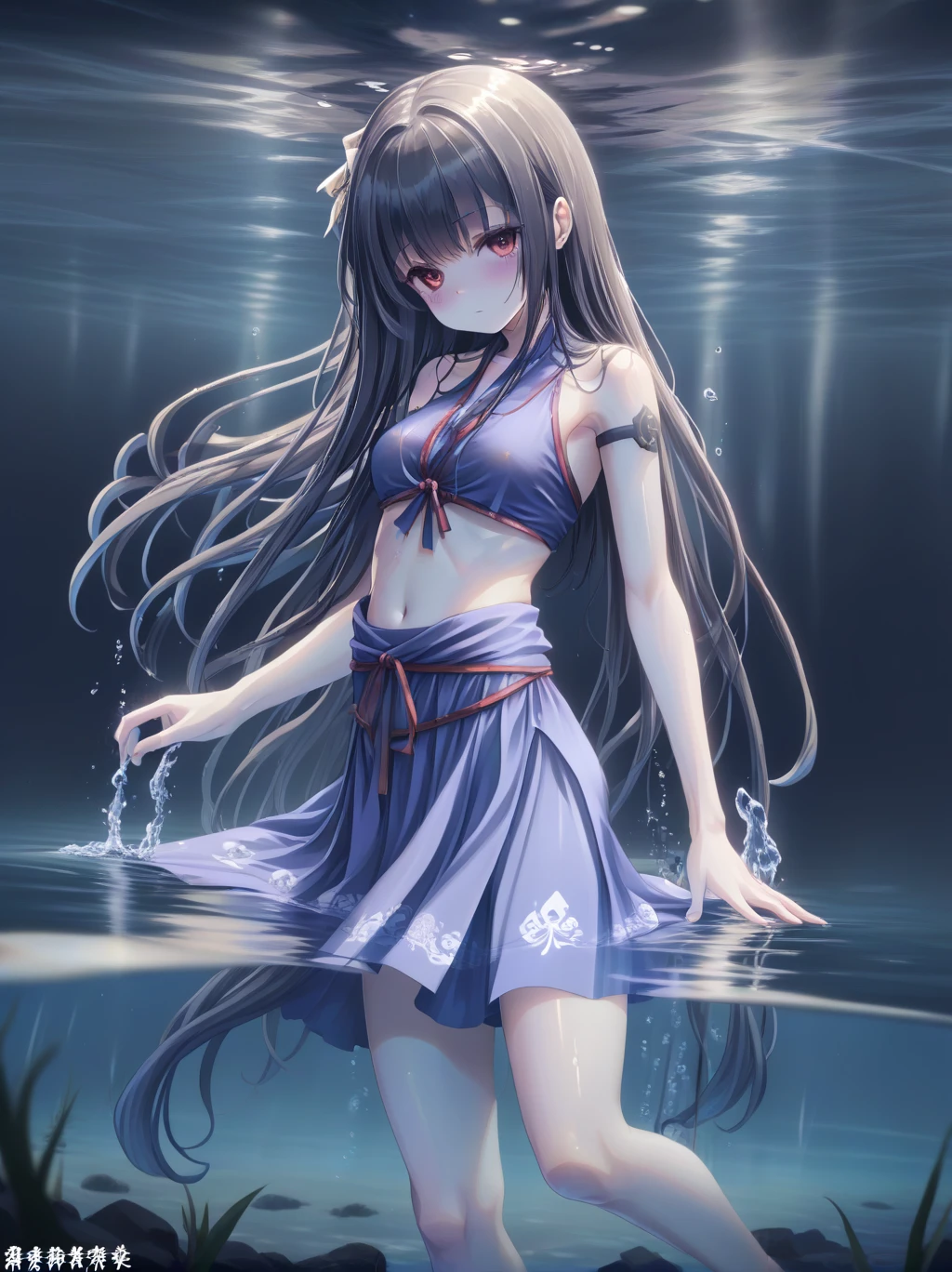  partially underwater, lakeの女神, Long Hair, Wet Hair,
lake,Dark Background, Blurred Edges,8--old、t Chest、skirt、Above the water line from the neck、Corpses in the water, Underwater Photography、浮力でskirtがめくれる、God