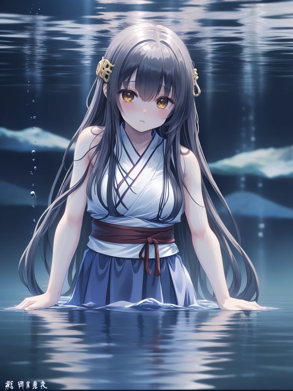  partially underwater, lakeの女神, Long Hair, Wet Hair,
lake,Dark Background, Blurred Edges,8--old、t Chest、skirt、Above the water line from the neck、Corpses in the water, Underwater Photography、浮力でskirtがめくれる、God