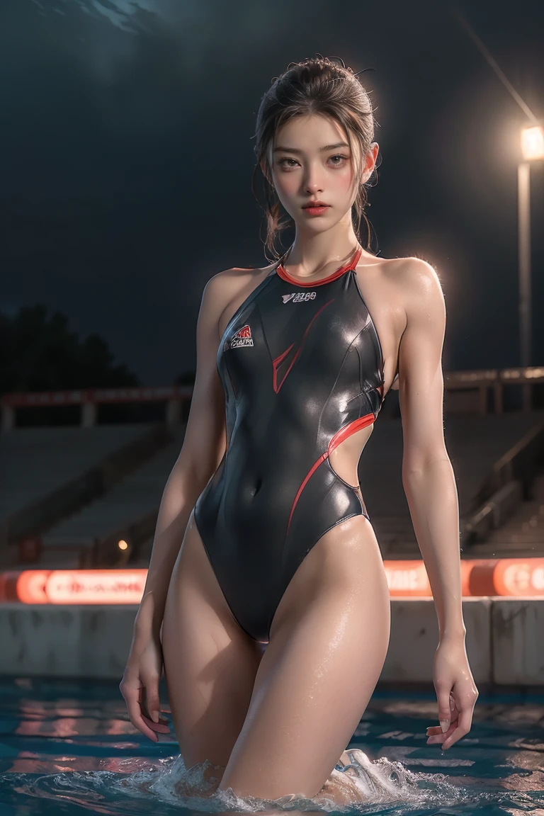 ((masterpiece, highest quality, Highest image quality, High resolution, photorealistic, Raw photo, 8K)), The swimming arena at night, with the women athletes preparing under the lights, The white swimming monokini is wet and transparent, 