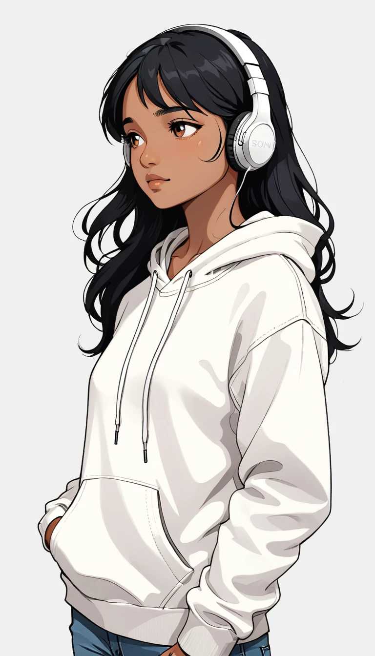 Headphones、Sony、Black Hair、Indian descent、Close ~ eyes、White hoodie、Upper Body、Simple Background、Girl、