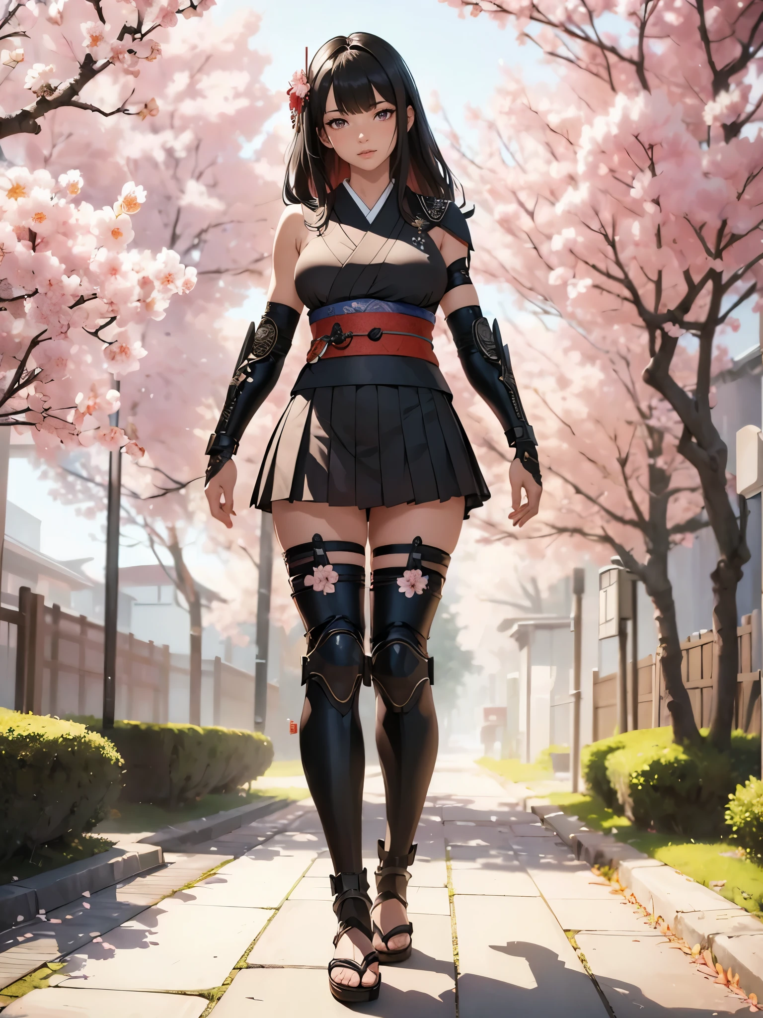 ((1girl, solo)), ((mature female)), beautiful body, (perfect anatomy, perfect body, perfect hands, perfect legs), (five fingers:1.5), natural proportions, sexy body, (((large breasts))), cowboy shot BREAK 

((extremely detailed face)), (beautiful detailed eyes:1.6), (realistic pupils, realistic iris:1), expressive eyes, looking at viewer, (clear eyes:1.3), (hyperrealistic:1.2), (detailed skin texture:1.2), smooth skin, (black hair:1.5), (straight hair:1.5), (red eyes:1.3), long hair, (((bangs))), ((blunt bangs)), hair ornament, hair flower, (detailed lips:1.2), (attractive lips:1.1), (glossy lips:1.1), (parted lips), perfect face, perfect eyes, seductive look BREAK

Samurai, japanese clothes, (short kimono:1.5), sleeveless, elbow gloves, (arm guard:1.5), (micro mini skirt:1.5), pleated skirt, black skirt, zettai ryouiki, thighs, black thighhighs, (greaves:1.3), skindentation, tassel, shimenawa BREAK

Outdoors, day, (spring:1.3), (((cherry blossoms))), nature, ((trees)), forest, (((ancient japan))), medieval fantasy  BREAK 

(masterpiece:1.5), anime-style, top quality, best quality, (beautiful and aesthetic:1.2), (ultra detail:1.5), Ultra-detailed depiction, Ultra-precise depiction, extremely detailed 8k illustration, high resolution, (highly detailed shading:1.2), (realistic lighting:1.4), perfect lighting, vibrant colors, dynamic tones, striking hues, 8k, absurd resolution, perfect shadows, hdr, UHD, ambient lighting, realistic, ultra-realistic, photo realistic, highly detailed, rich detail, luminous colors, fine texture, intricate design, professional illustration, (soft light:1.2), (illustration:0.7)