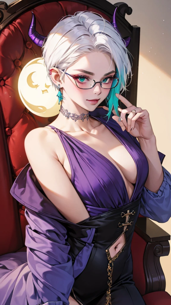 8k, masterpiece, best quality, highly detailed, 1 girl, tiefling, warlock, multicolored hair, very short straight hair green highlight hair on white hair, strippled hair, wearing glasses, round glasses, earrings, red eyeshadow, long eyelashes,navel piercing, blushed cheek, necklace, collarbone, mole, glamorous, purple and teal clothing, villainy, smirk, seductive face, close up view, rings, looking at viewer, demon horns, solo, victorian dress, palace, blue pale moon, sitting on throne