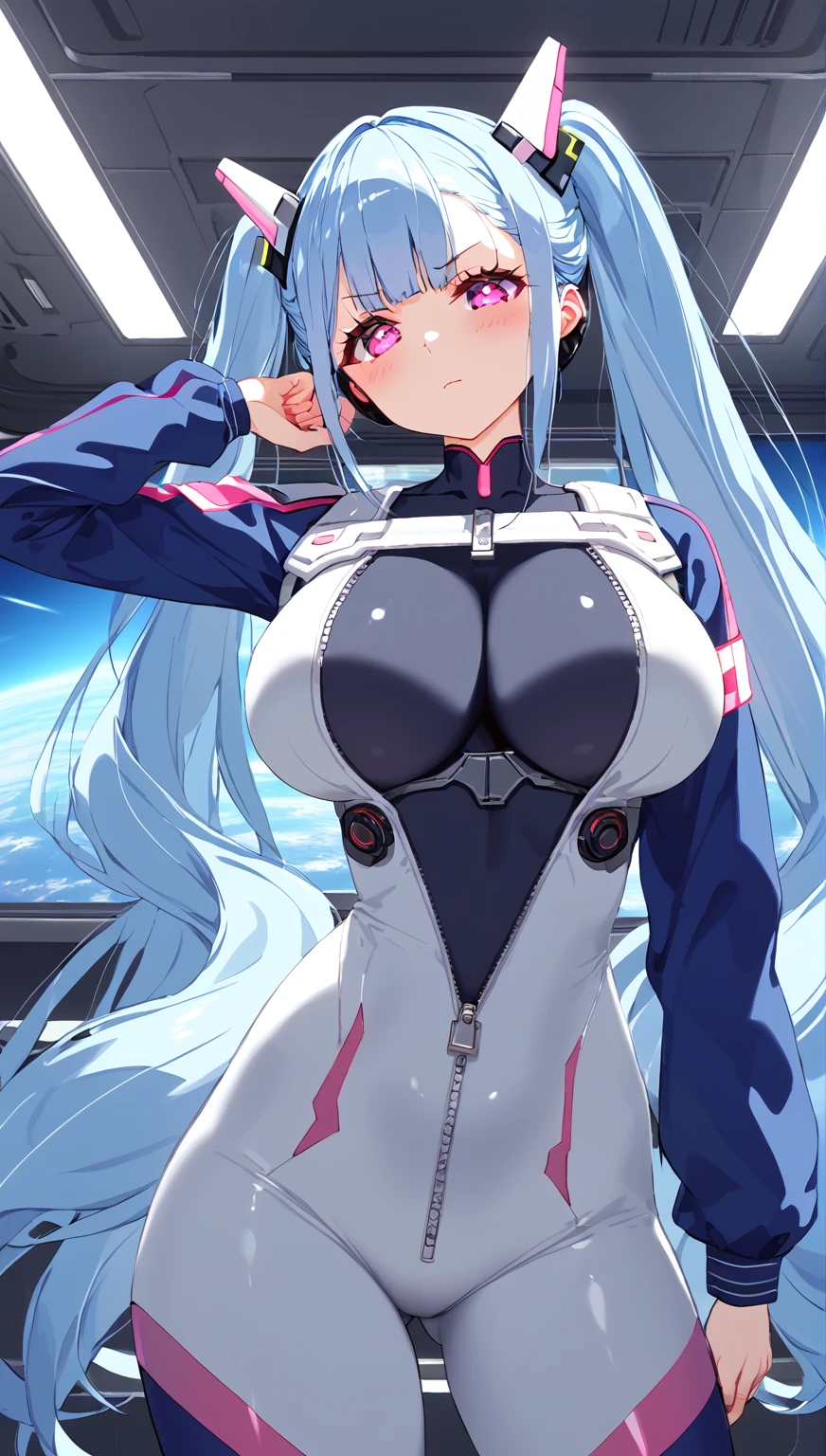 very detailed、masterpiece、high quality、one high school girl、、、(white and blue space suit)、front zipper、(futuristic, Tight Fit Bodysuit)、headphone、Cyberpunk space station interior background、(colorful light blue hair),Long twin tails, (pink eyes), change,twin tails,sassy change,cheey change,mesugaki,girl,Genius girl、(big breast):1.0,(blush):1.1、Halation、