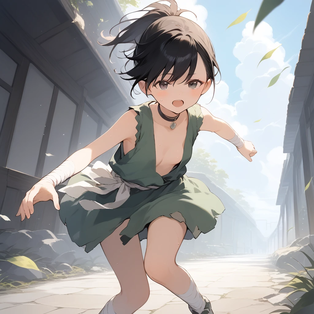 score_9, score_8_up, score_7_up, source_anime, best quality, masterpiece, official art, absurdres, highres, ultra-detailed,waifu2x,Collection: Slice of Life,break,1girl, dororo, small breasts, black hair, ponytail, choker, black eyes, bandages, wrist wrap, ankle wrap, sweat, open mouth, sleepily, outdoors, wind,break,(clear line illustration:1.2), super detailed skin,very high resolution, very aesthetic, Best sexual lighting powered by famous artist, 8k,cute picture,beauty illustration,photoshop_(medium),,(Detailed Lighting),best anime 8k konachan wallpaper, pixiv contest winner,