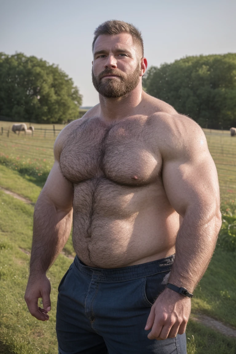 8KUHD Very HIGH RESOLUTION HDR Very Extremely Realistic Very Detailed High Quality 8K HDR Very Realistic photograph featuring a middle-aged daddy rugged bodybuilder muscle bears man, 8K very realistic detailed hairy, 8K very realistic beared big daddy muscle bear, and 8K very realistic detailed rugged burly man in shorts. 8K Very Realistic detailed shorts, 8K very realistic hair, 8K very realistic beards, 8K very realistic thick chubby fat neck, 8Kvery realistic neck lines, 8K very realistic detailed neck, 8K very realistic belly, 8K very realistic burly chest, 8K very realistic detailed hairy burly strong chest and arms, 8K very realistic detailed hairy burly strong chest and arms, 8K very realistic pecs, 8K very realistic burly muscle bear body, 8K very realistic nipples, 8K very realistic burly muscle bear body, 8K very realistic face, 8K very realistic detailed face, 8K very realistic eyes, 8K very realistic detailed eyes, 8K very realistic pupils, 8K very realistic detailed pupils, 8K very realistic head, 8K very realistic waist, 8K very realistic facial features, 8K very realistic burly arms, 8K very realistic elbows, 8K very realistic hands, 8K very realistic pecs, 8K very realistic belly, 8K very realistic human man body, 8K very realistic bellybutton, 8K very realistic wrists, 8K very realistic fingers, 8K very realistic fingernails, 8K very realistic shoulders, 8K very realistic mouth, 8K very realistic lips, 8K very realistic mens clothing, 8K very realistic detailed mens clothing. 8K HDR Very Realistic Hairy Bearded Burly Muscle bear Photoshoot, 8K A very realistic burly muscle bear man in a Farm, 8K HDR Very Realistic Intricately Detailed, 8K HDR very realistic detailed Farm surroundings, 8K HDR very realistic surroundings lighting, No Deformities, captured with a 85mm lens, 8K HDR Very Ultra Realistic and 8K HDR Very Realistic Photograph, 8K HDR Clear HDR Quality full with very realistic real details