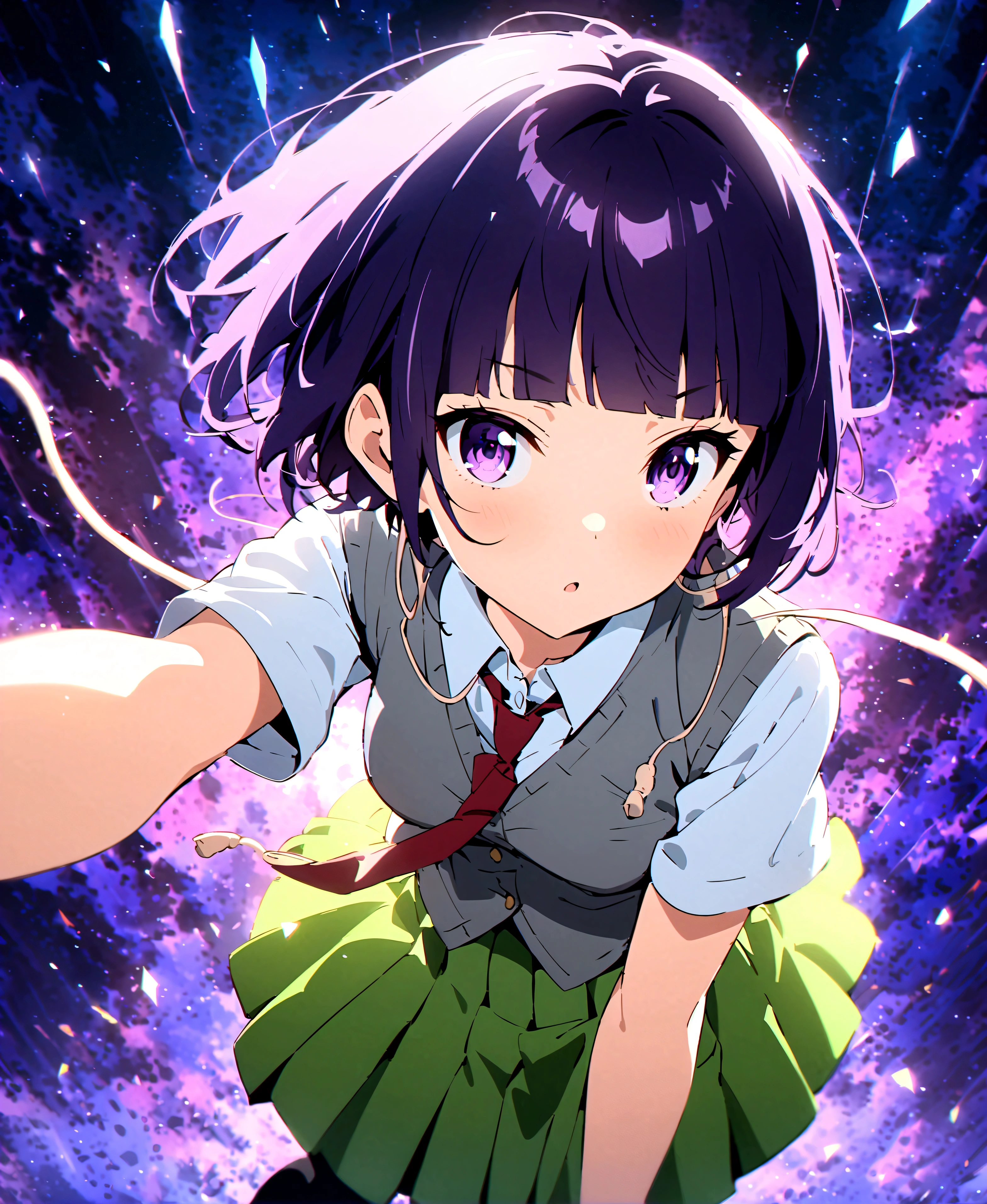 score_9_up、score_8_up、score_7_up、Dynamic Pose、Cowboy Shot、From above、One girl、、jirouSDXL、Jirou Kyouka 、short hair、Blunt bangs、Side Lock、Purple Hair、Purple Eyes、Long earlobes、Small breasts、、Gray vest、Short sleeve、White collared shirt、Red tie、Green Skirt、Pleated skirt、Black socks、Brown Loafers
