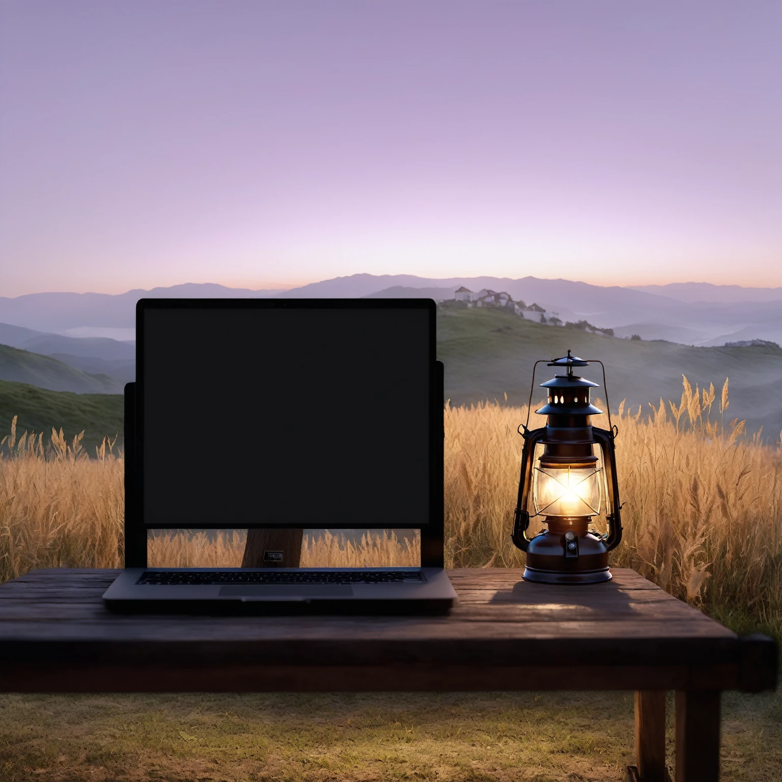 There is a notebook and a lantern on the table, 4 k product photo, 3D product render, Panoramic view, outdoor lighting, Close-up camera at bonfire height, Monitor, Lantern light, nostalgic vibes, product photo, product photography 4 k, Landscape View, Screen light, High-resolution images, Light up the area, High-quality images