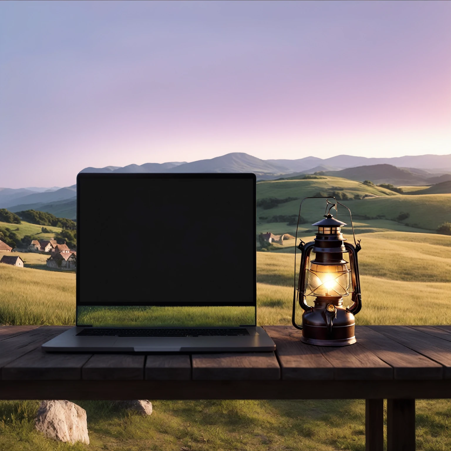 There is a notebook and a lantern on the table, 4 k product photo, 3D product render, Panoramic view, outdoor lighting, Close-up camera at bonfire height, Monitor, Lantern light, nostalgic vibes, product photo, product photography 4 k, Landscape View, Screen light, High-resolution images, Light up the area, High-quality images