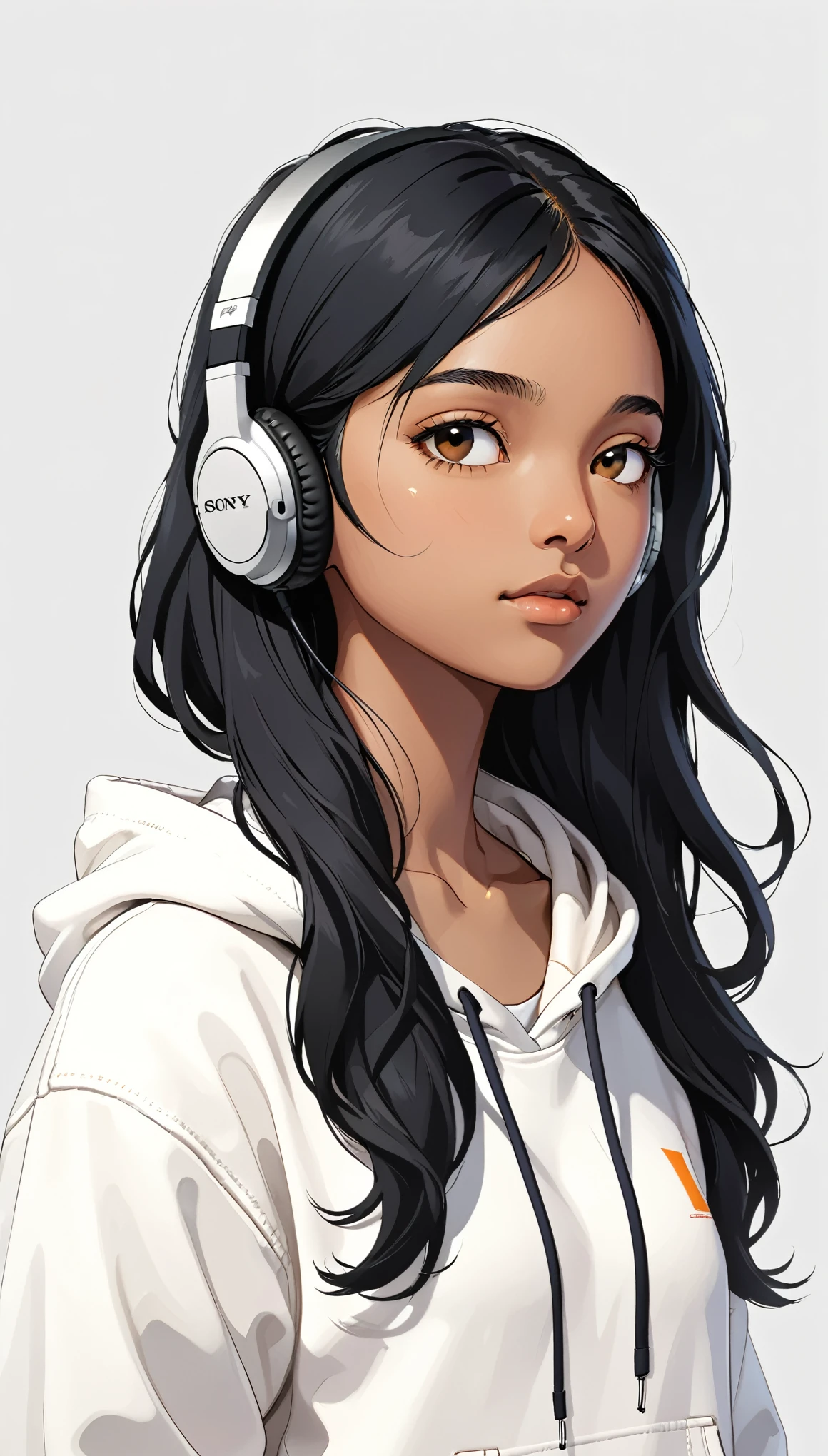 Headphones、Sony、Black Hair、Indian descent、Close ~ eyes、White hoodie、Upper Body、Simple Background、Girl、