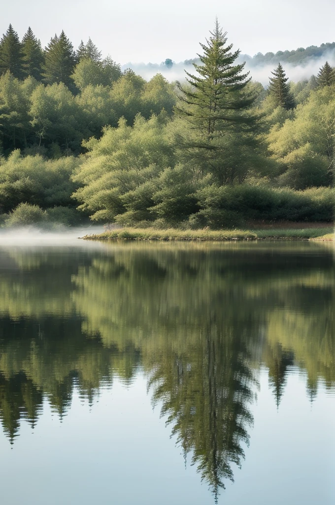 arafed Tree in the middle of a lake with a foggy sky, Still water like a mirror, Reflections on the water, In the peaceful scenery, mystical lake, Reflections in water, Clear reflection, Water reflection, Water reflection, Peaceful and tranquil, Reflections in water, Tree, floating Trees, single Tree, Misty mist, Calm and serene,Ultimate image quality,photography,Canon R5 shooting