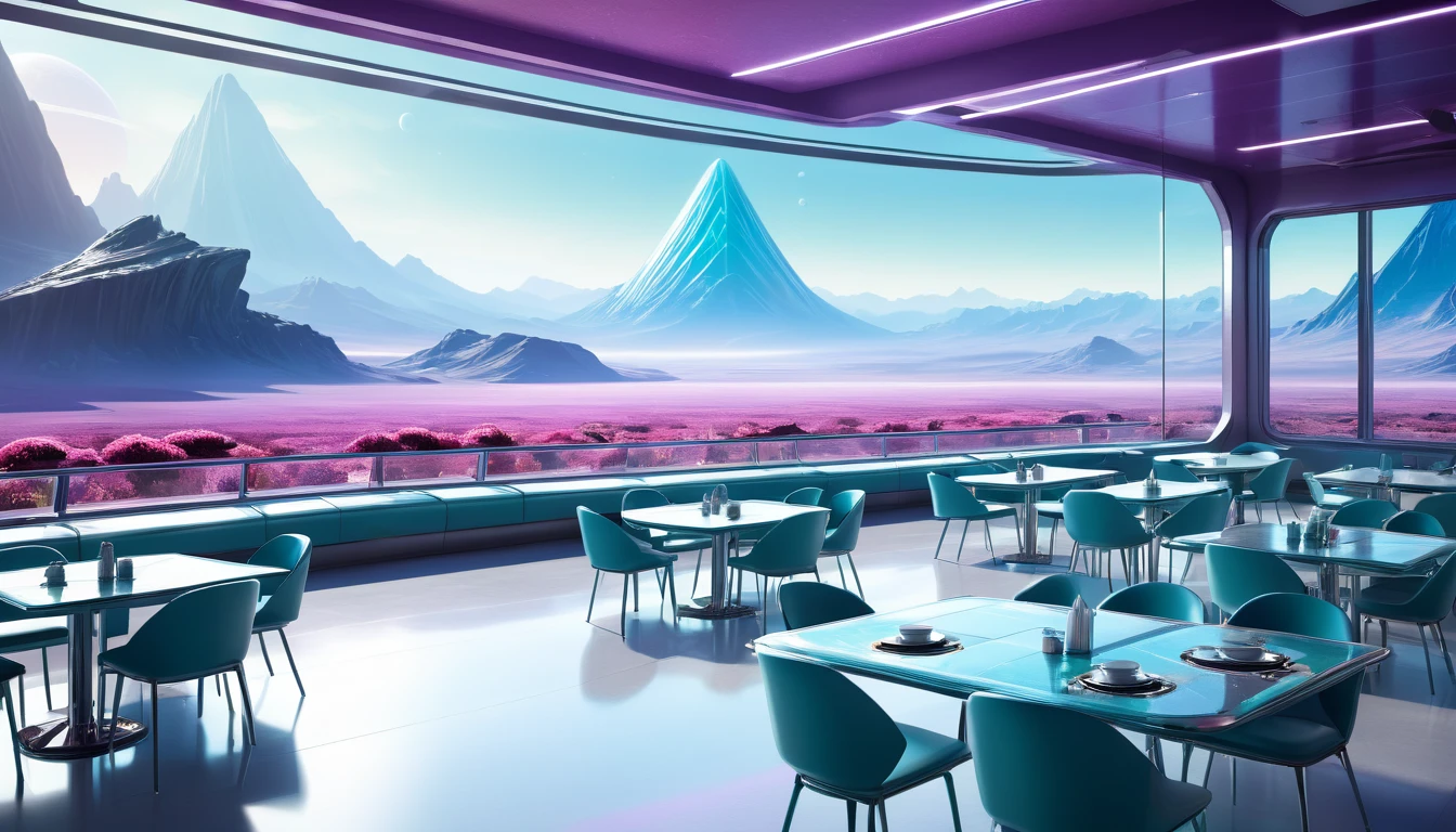 A spacious, empty cafeteria on a distant planet, featuring large windows that offer a breathtaking view of an alien landscape with distant mountains and strange flora. The cafeteria's futuristic design includes sleek, metallic tables and chairs, with soft ambient lighting creating a serene atmosphere. Outside the windows is a mix of vibrant colors, hinting at the unique atmosphere of the planet.
