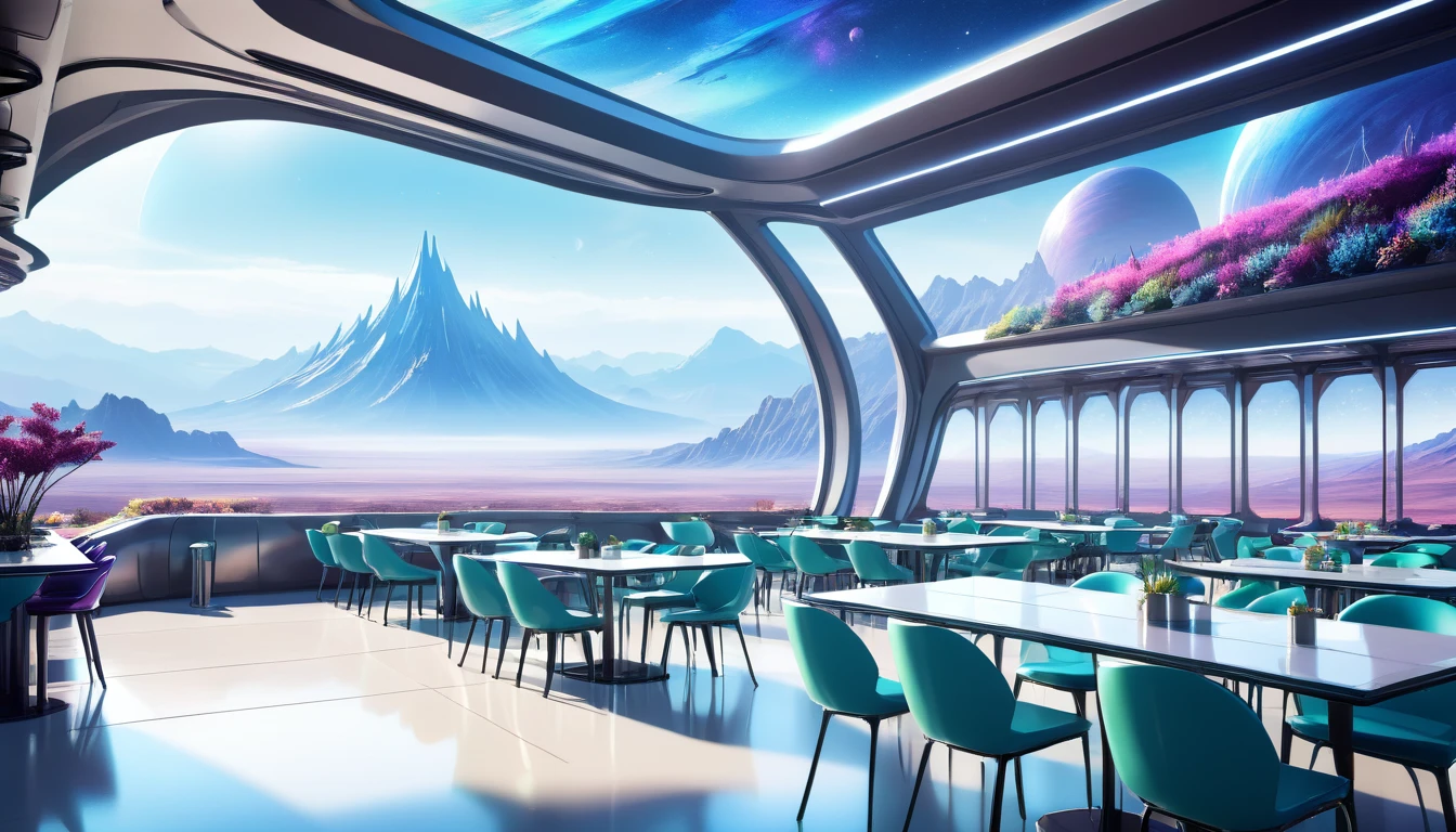 A spacious, empty cafeteria on a distant planet, featuring large windows that offer a breathtaking view of an alien landscape with distant mountains and strange flora. The cafeteria's futuristic design includes sleek, metallic tables and chairs, with soft ambient lighting creating a serene atmosphere. Outside the windows is a mix of vibrant colors, hinting at the unique atmosphere of the planet.