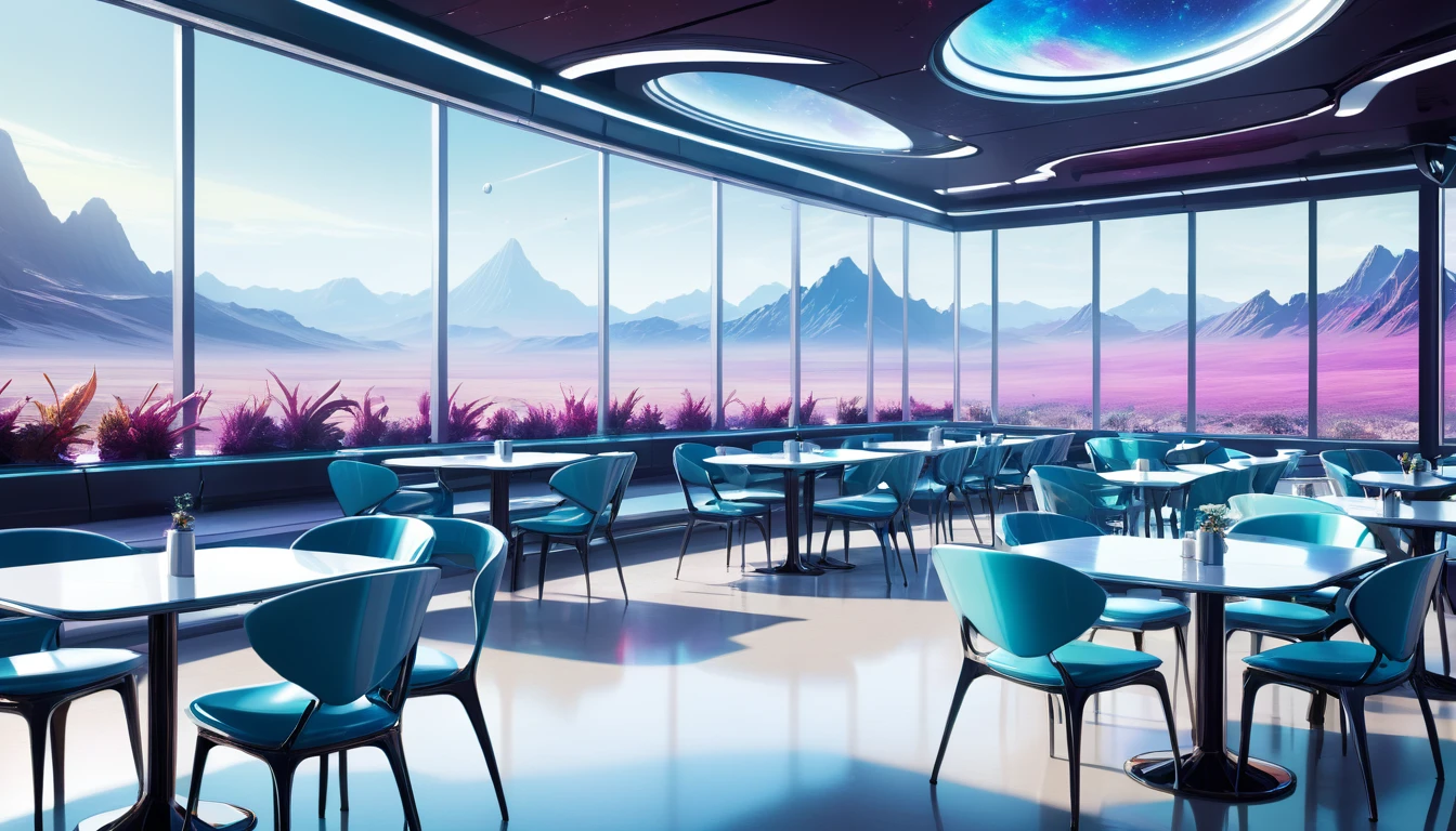 A spacious, empty cafeteria on a distant planet, featuring large windows that offer a breathtaking view of an alien landscape with distant mountains and strange flora. The cafeteria's futuristic design includes sleek, metallic tables and chairs, with soft ambient lighting creating a serene atmosphere. Outside the windows is a mix of vibrant colors, hinting at the unique atmosphere of the planet.