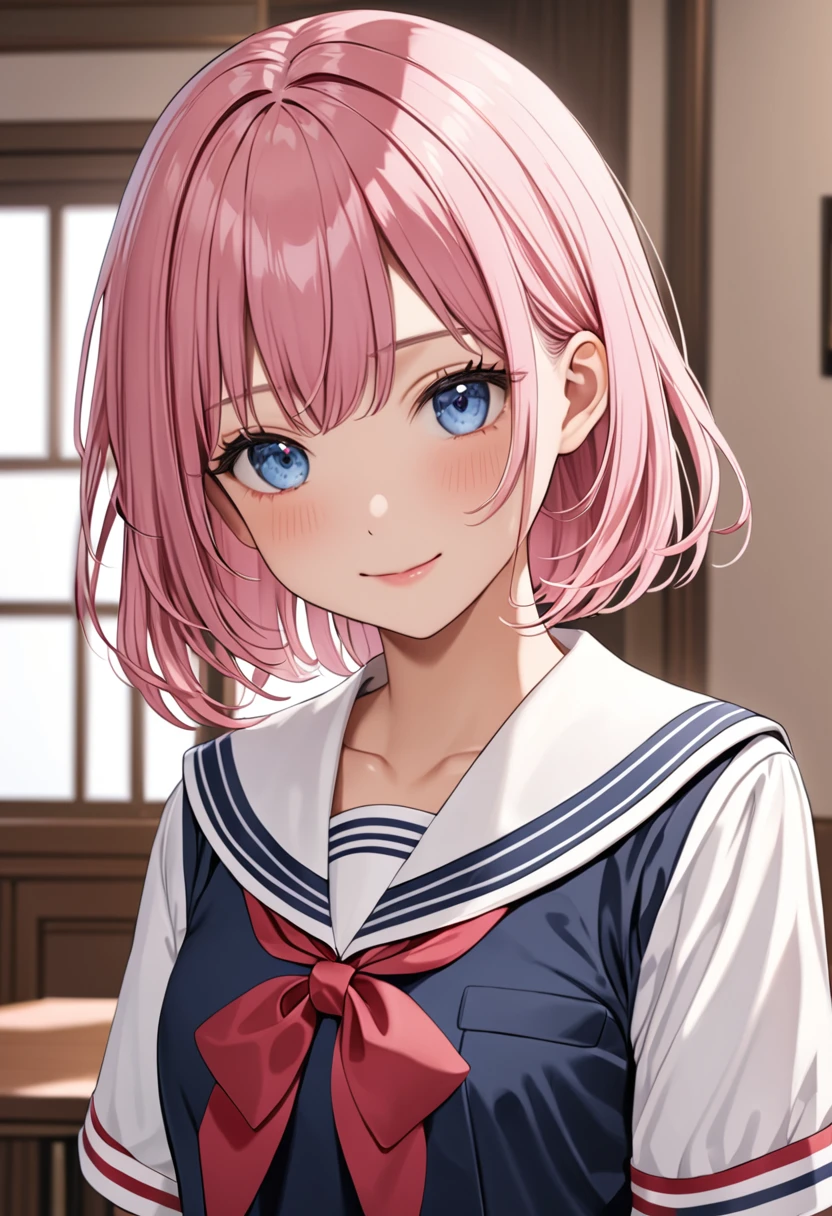 (masterpiece, top quality, very aesthetic, 4k、), intricate detail, 1girl,stand、cowboy shot、front view,light smile、
Cute 、pink hair、middle hair,sidelock ,,blue eyes、sailor uniform、small ,Slim 、JK