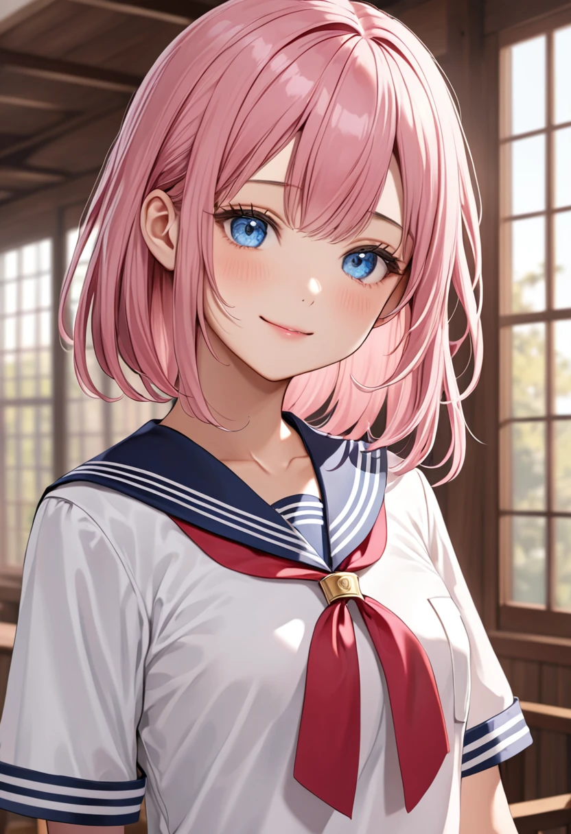 (masterpiece, top quality, very aesthetic, 4k、), intricate detail, 1girl,stand、cowboy shot、front view,light smile、
Cute 、pink hair、middle hair,sidelock ,,blue eyes、sailor uniform、small breasts,Slim 、JK