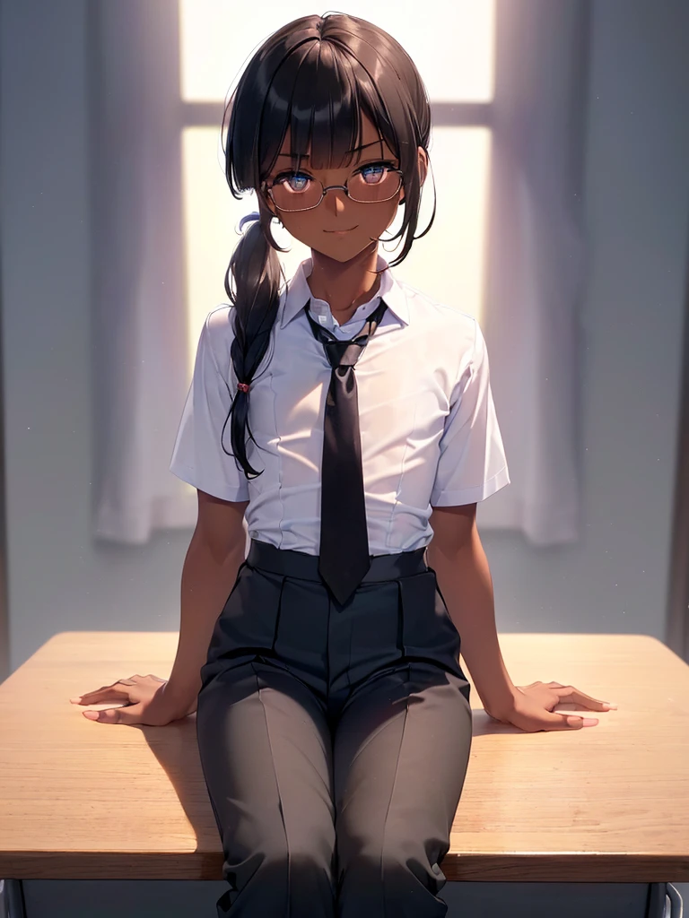 (1 girl solo),(dark skin:1.5),(masterpiece:1.2), highest quality, High resolution, unity 8k wallpaper, (fine and beautiful eyes:1.6), highly detailed face, perfect lighting, Detailed CG, (perfect hands, perfect anatomy),20 years old, (black hair:1.3), detailed eyes, best quality, extremely detailed, very precise detailed, (glasses:1.4), , (straight hair:1.5), (evil smile:1.2) ,long sidelocks, (blush:1.3),(sit on desk:1.3),(Put left knee in front:1.5),(boy's school uniform long pant:1.5),(loosen necktie:1.2),spread legs,bend knee,(open shirt:1.5),(short_sleeves shirt:1.3),(low ponytail),(blunt bangs:1.4), (greaming skin:1.3),(flat_chest:1.6), (oily skin:1.3)