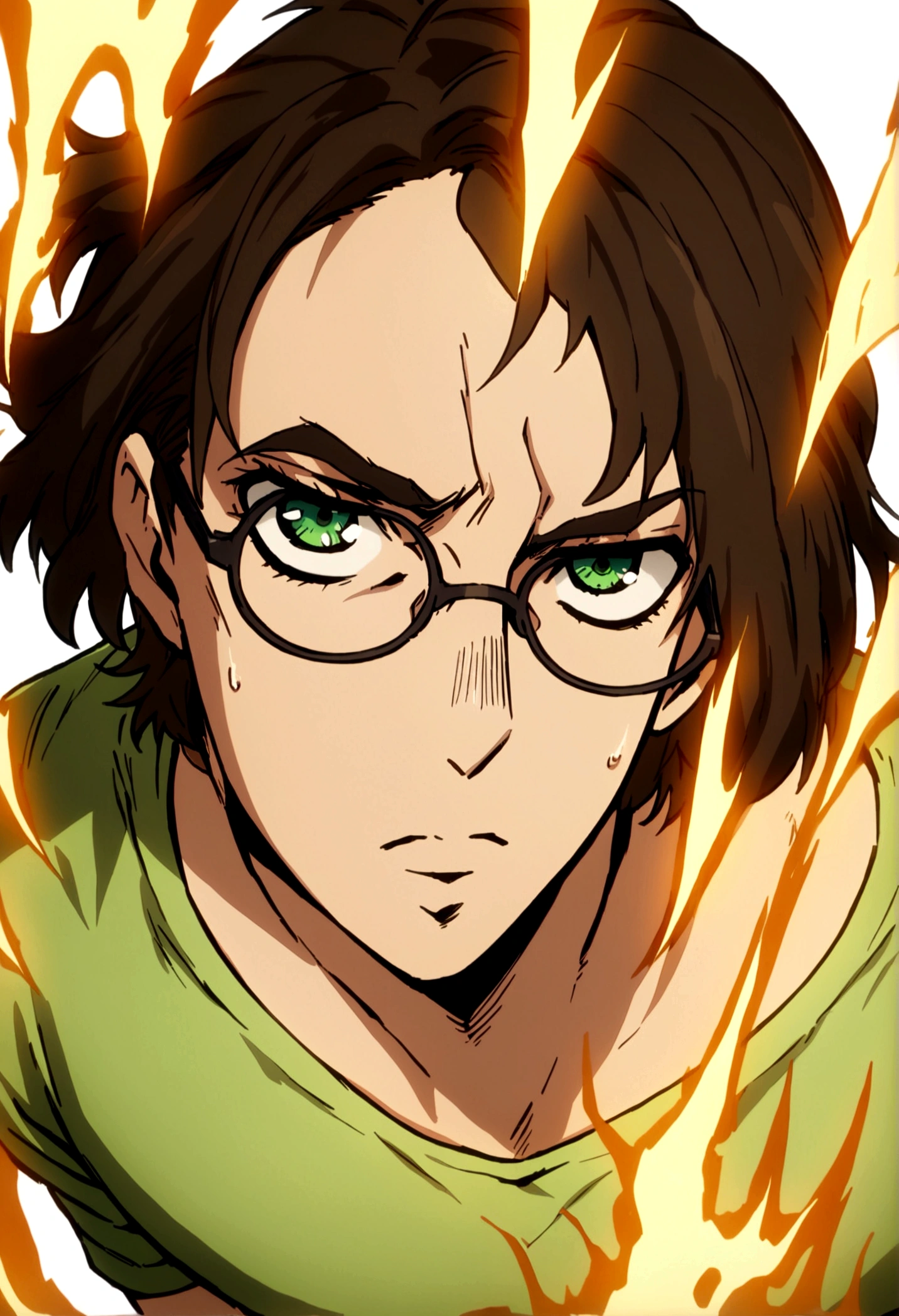 fullbody,masterpiece,standing,tshirt,dark brown curly short hair,green eyes,(bangs),adult,1boy,solo,light stuble,glasses,white background