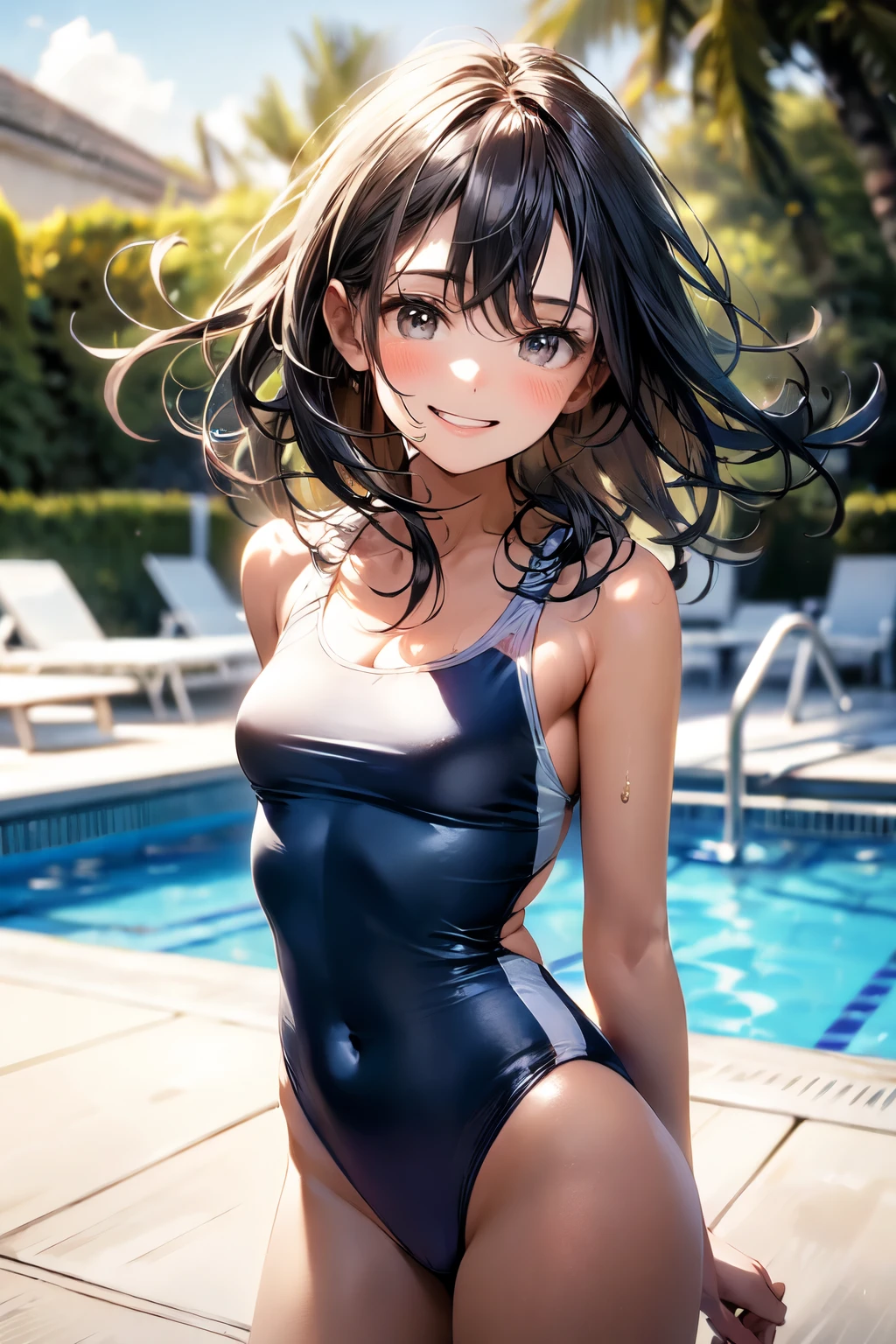 very cute and beautiful girl,(highly detailed beautiful face),(blue school swimsuit),
standing,arms behind back,pool side,tiny colorful flowers on grassland,
(smile),happy,looking at viewer,black hair,cowboy shot,
(best quality,masterpiece),absurdres,highres,ultra-detailed,extremely detailed,32k,
cinematic scene,detailed background,solo,dynamic angle,
hair fluttering in the wind,beautiful detailed sky,