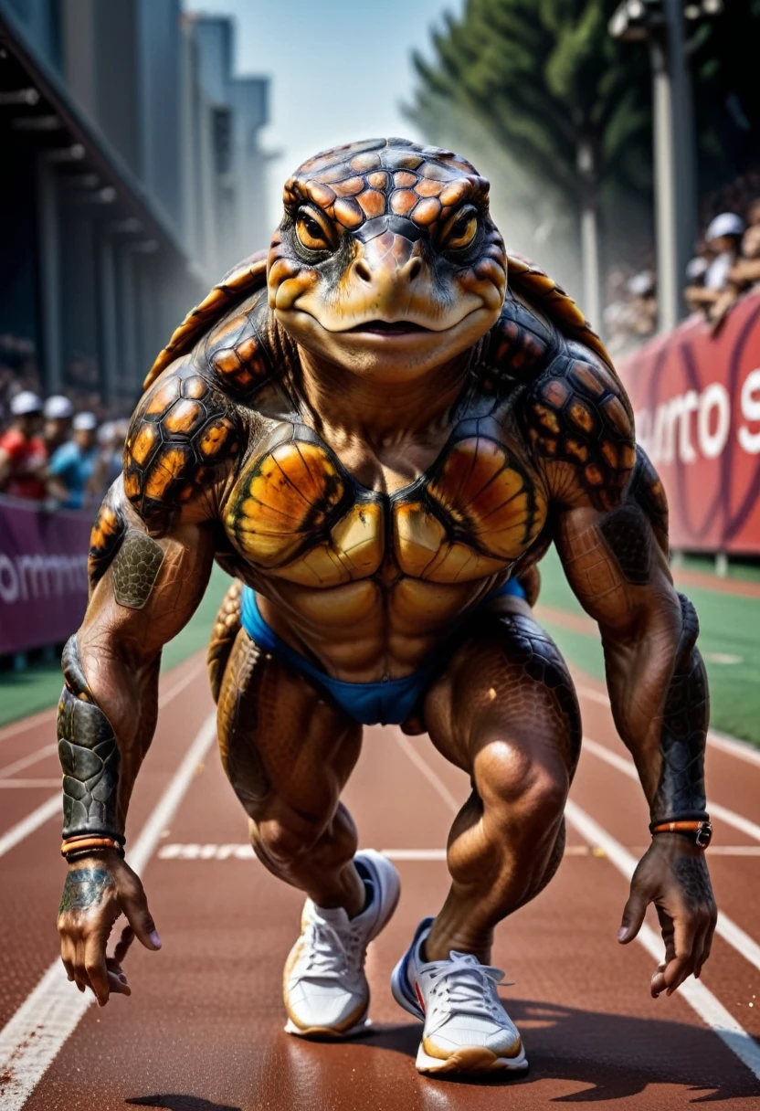 a close up shot on a ((anthmorph turtle: 1.3)) sprinter in a running lane getting ready to sprint in the Olympics, tense look, getting ready to sprint, (best detailed face: 1.3), lean muscled body, sweat beads on forehead, (wearing athletic shirt, pants and sneakers: 1.2), (anatomically correct: 1.4), (full body shot: 1.1) , vibrant, Ultra-high resolution, High Contrast, (masterpiece:1.5), highest quality, Best aesthetics), best details, best quality, highres, ultra wide angle, 16k, [ultra detailed], masterpiece, best quality, (extremely detailed), Cinematic Hollywood Film, Anthro... woman