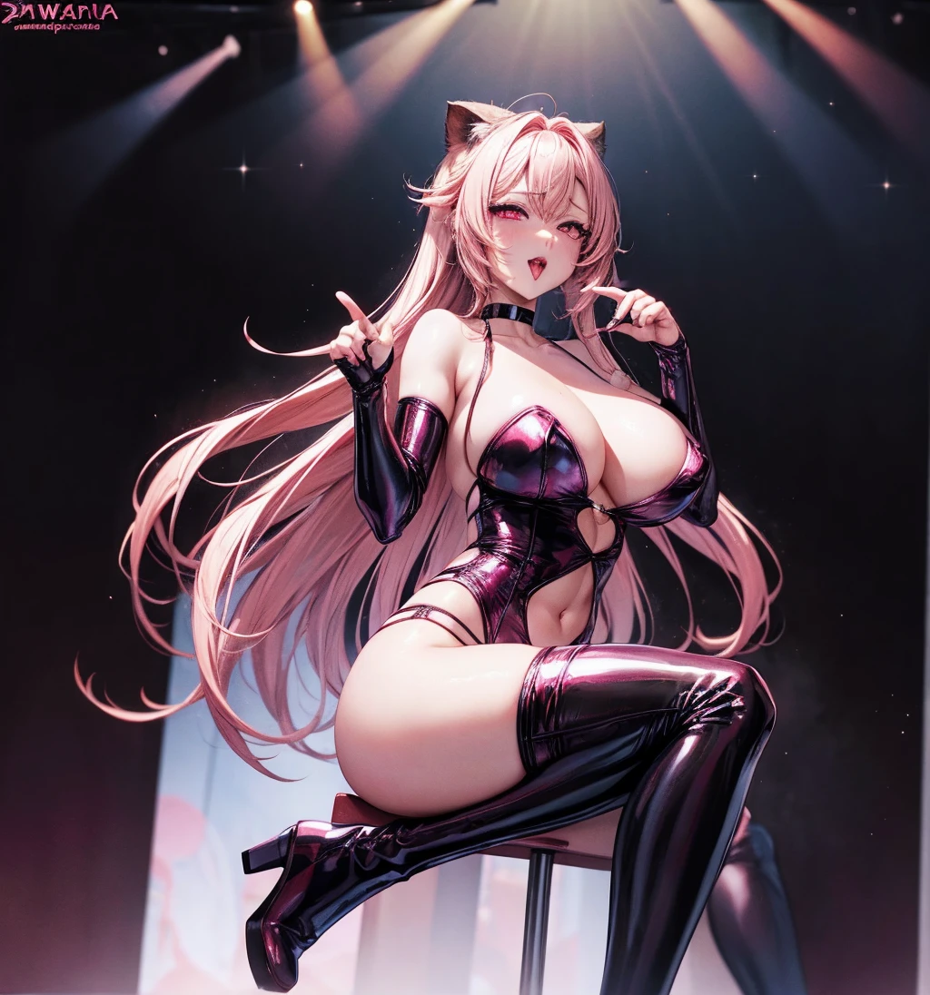 Realistic, Highest quality, 1 Female, Highly Detailed face and Skin Texture, Fine grain, face, double eyelid, Pink Short Hair, Red eyes, 丸いface, Sticking out tongue, , choker, Big Brza, PAW Pose, Drunk Eyes, Upturned eyes, Obedient, Drooling, Beautiful lighting, アヘface, (PVC knee socks) (PVC long gloves)