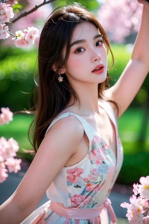 a beautiful young japanese idol singer, singing and dancing, detailed realistic portrait, white and pink dress, sakura flowers blooming in the background, extremely detailed face, beautiful detailed eyes, long eyelashes, beautiful detailed lips, detailed clothing folds, dynamic dancing pose, (best quality,4k,8k,highres,masterpiece:1.2),ultra-detailed,(realistic,photorealistic,photo-realistic:1.37),gorgeous lighting, vibrant colors, cinematic lighting, professional photography