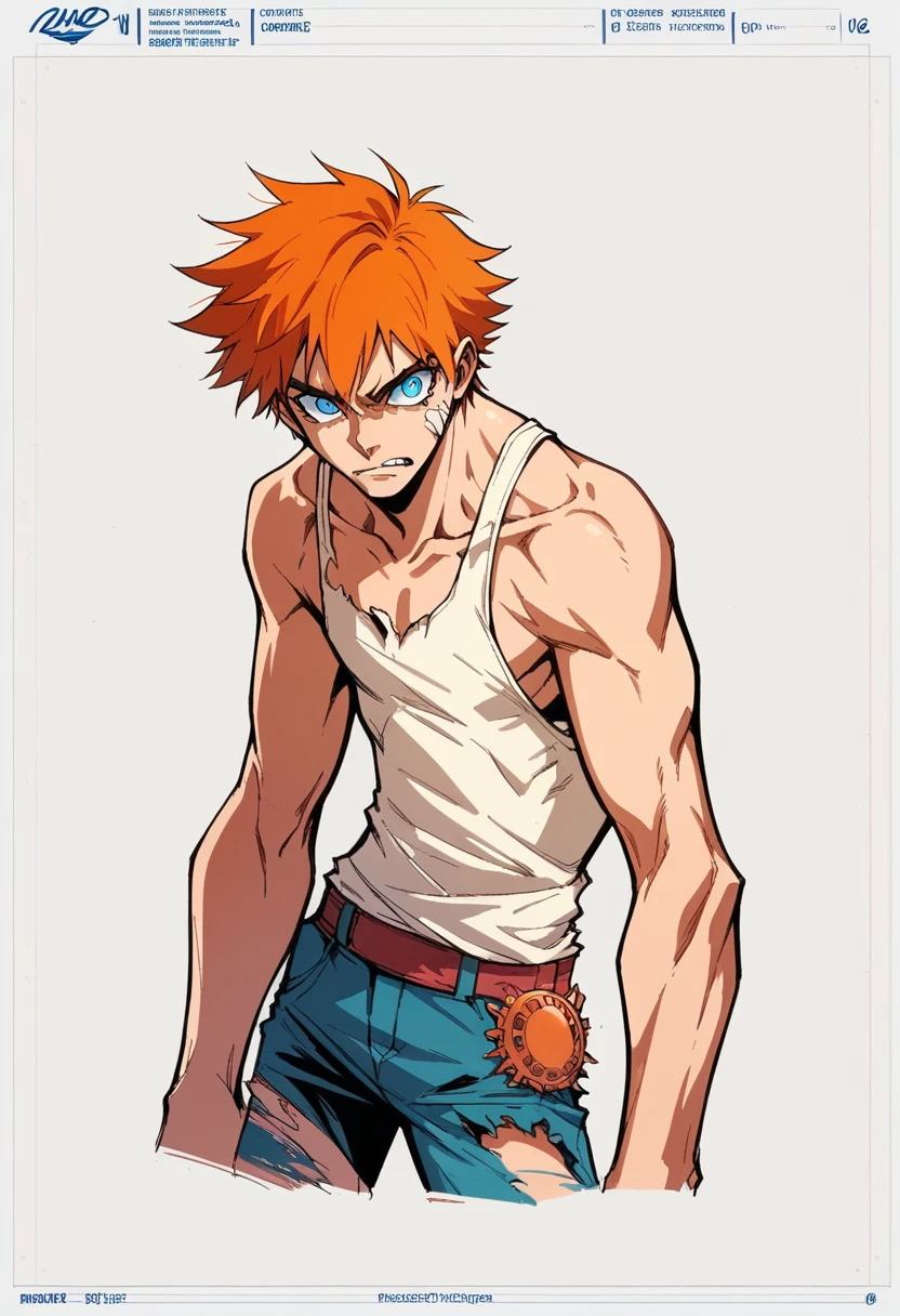 ((manga style,concept art)),Adolescent  With orange hair , tank top , blue pupils,Ripped pants 