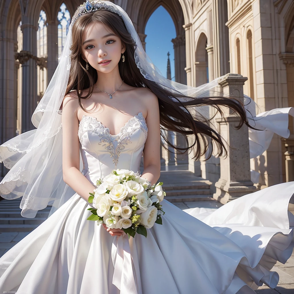 best quality, masterpiece, 1 girl, 5 fingers, long hair, huge laugh, cute teen, shiny lips, sweet, sun glare, Conservative attire, white gloves, bouquet, bell-line wedding dress, bridal tiara, depth of field, blurred background, Cathedral Background, light particles, strong wind, head tilt