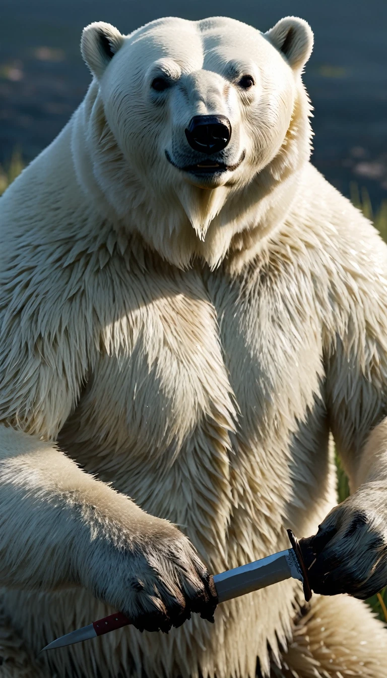 masterpiece, (Super detailed), (Animal anthropomorphism),Polar bear, good looking, Japanese Armor,knife、 Dim lighting, cigarette, Shadow, Night grassland battlefield, Highest quality, Single Focus, (skimming: 1.1), Muscular man, whole body, Complex (High detail: 1.1) Unreal Engine.multiple、