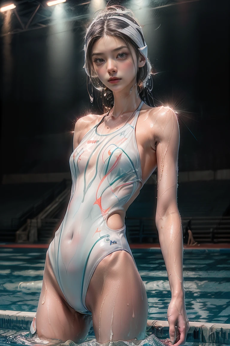 ((masterpiece, highest quality, Highest image quality, High resolution, photorealistic, Raw photo, 8K)), The swimming arena at night, with the women athletes preparing under the lights, ((The white swimming monokini is wet and transparent:1.3)), 