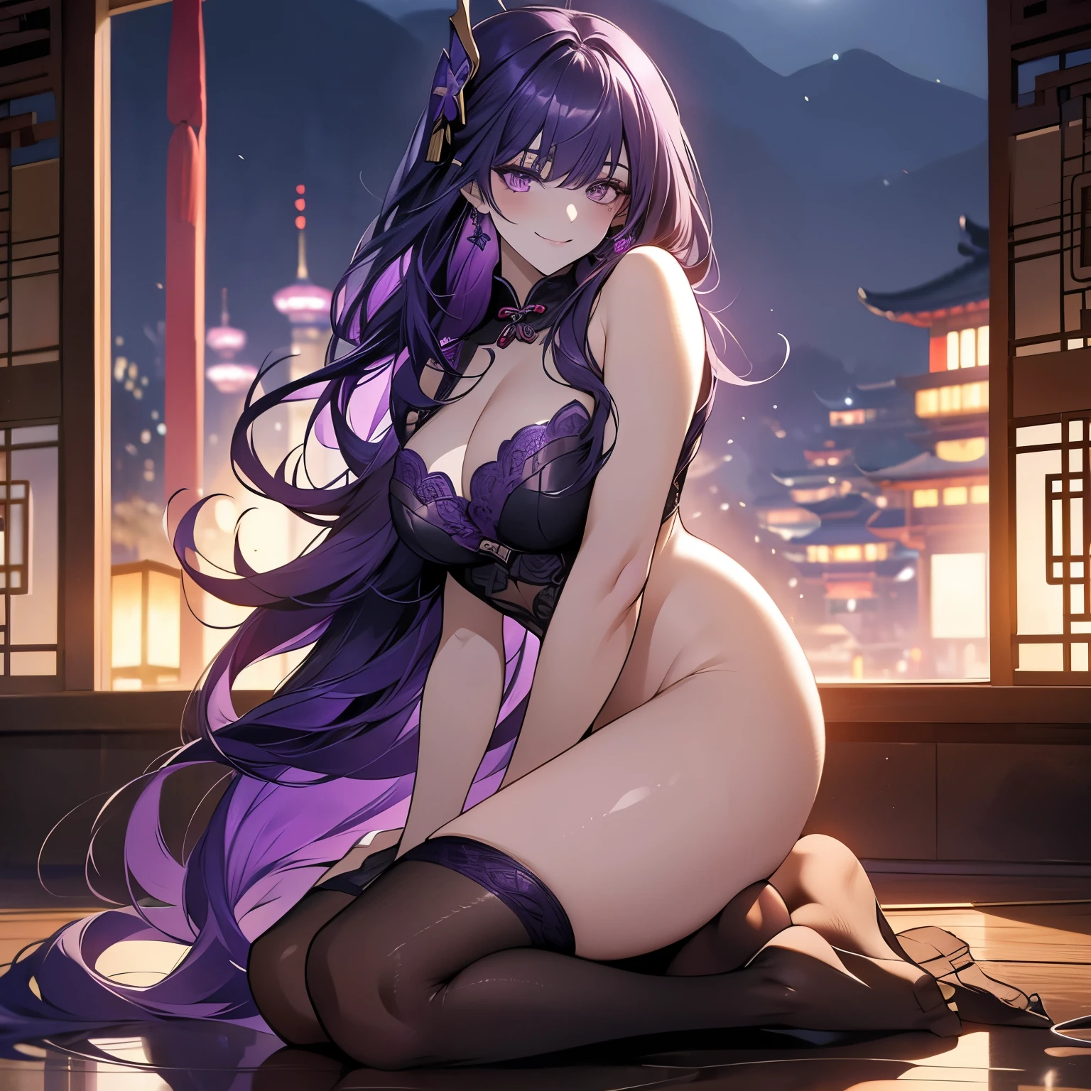 1 women, Raiden Shogun - genshin impact, long purple hair, violet eyes, in chinese room, nudity, nude, sexy, full body, smile, pervert, night
