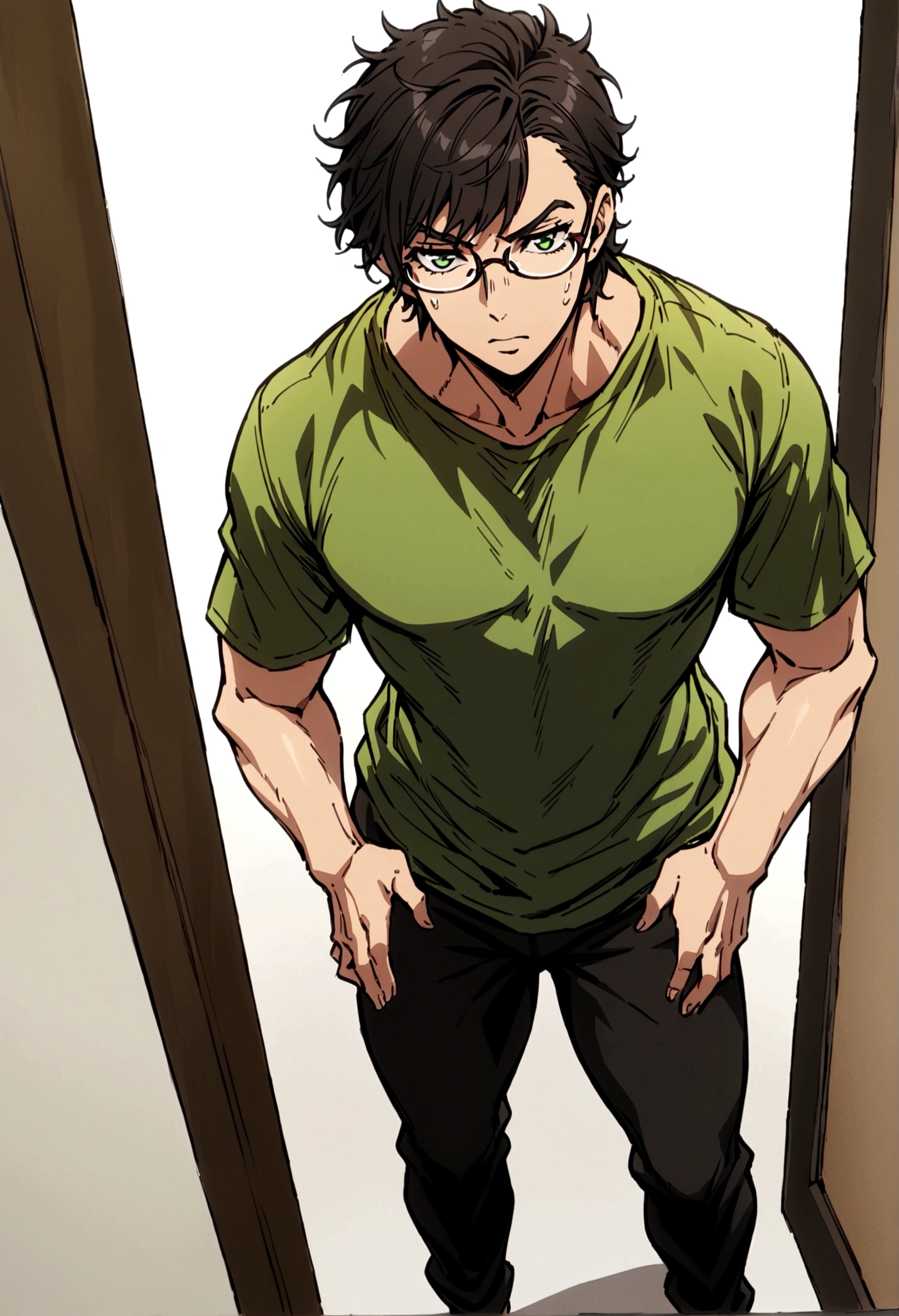 fullbody,masterpiece,standing,tshirt,black curly short hair,green eyes,(bangs),adult,1boy,solo,light stuble,glasses,white background