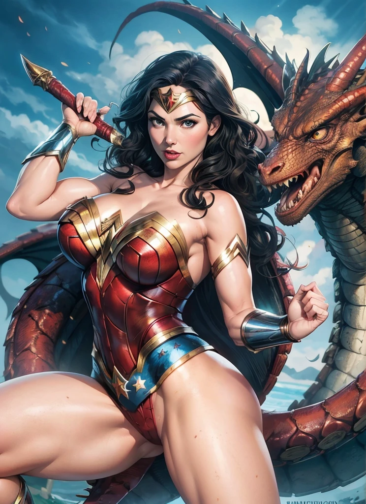 Wonder Woman defeats the dragon,Octopus tentacles,The dragon head bites Wonder Woman's leg,Wonder Woman holding a sword,dragon eyes,a girl, Gal Gadot plays Wonder Woman, sexy body, nipple,Areola,Camel toes are clear,Beautiful face,A charming smile,Lively expressions,,seduce。huge breasts, Huge ass, plump body, sexy bra, sexy thong, Background horror、Magic high quality paintings