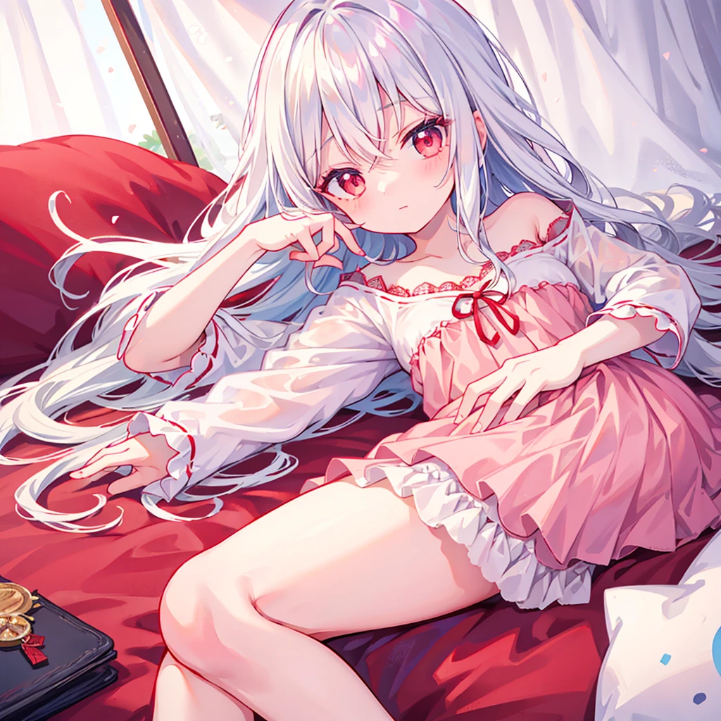 best quality,Real fingers,Practical:1.37),A girl lying on the bed,[White hair],[Red Eyes]