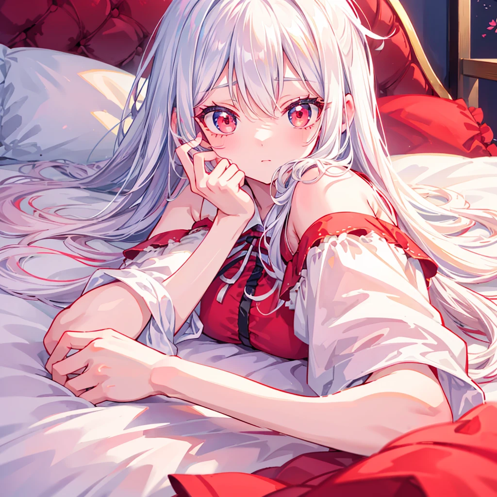 best quality,Practical:1.37),A girl lying on the bed，[White hair],[Red Eyes]