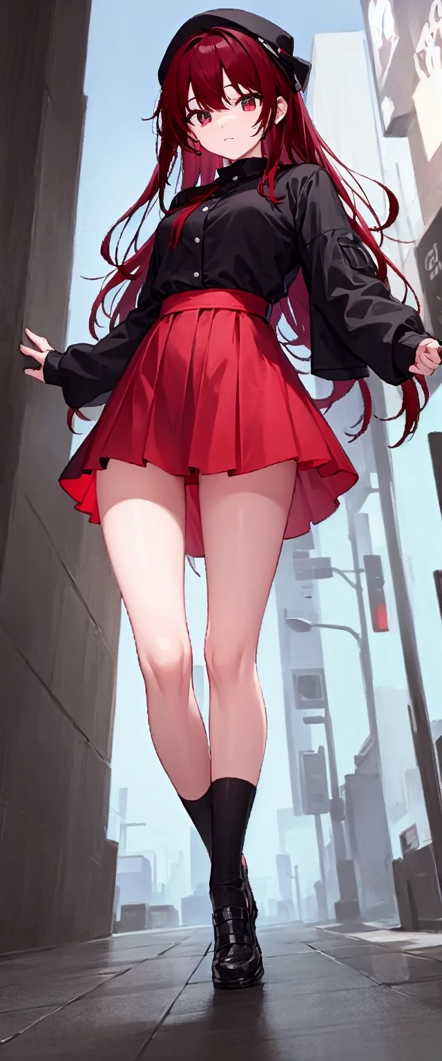 cool, standing, red and black clothes, looking at viewer, outdoors, night