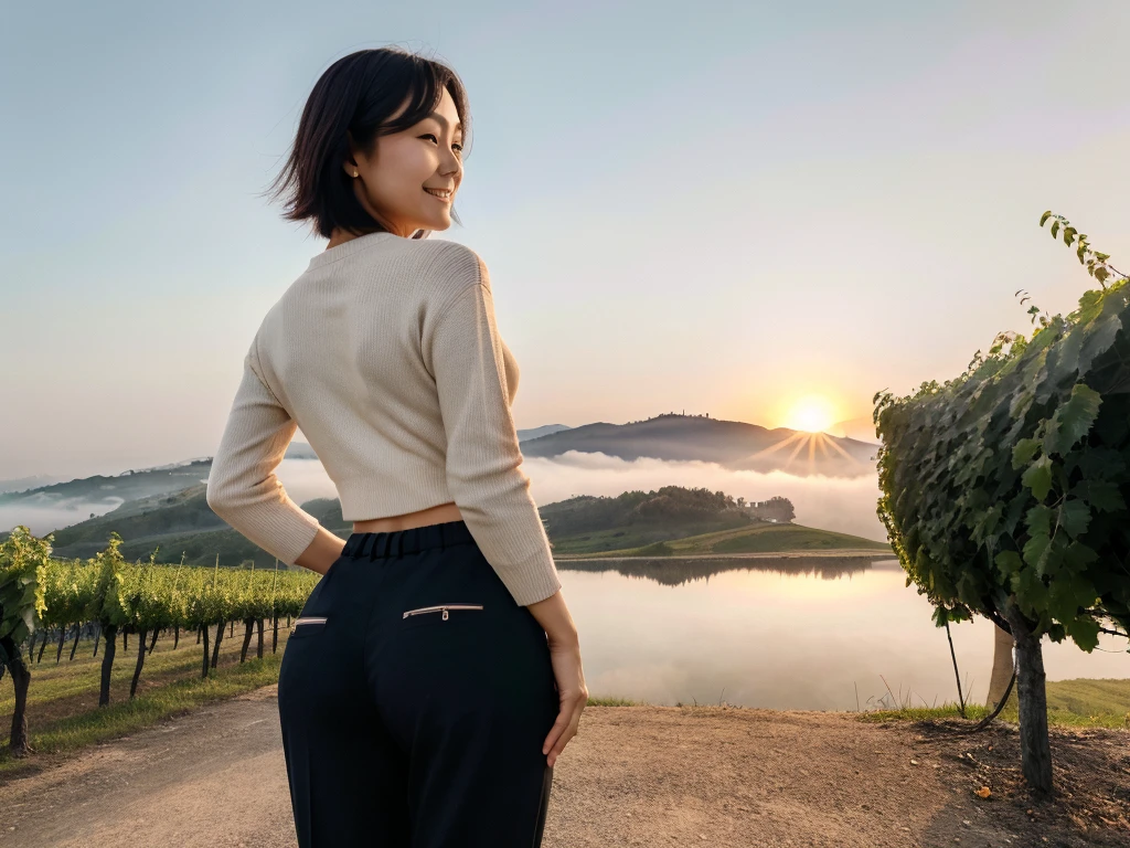 8k best picture quality, Beautiful 36-year-old Korean woman, clear and nice weather. Chest size 34 inches, Dense fog at dawn in the Italian countryside, past the vineyard, The cathedral is visible in the fog in the distance., The back background is realistic and vivid image quality, Short and medium hair blowing in the wind, Wearing high-end luxury knitwear. casual pants, Smile. the background is clear, Short and slim Korean woman, stand far away, Photo taken with a wide-angle lens, The red sun rises