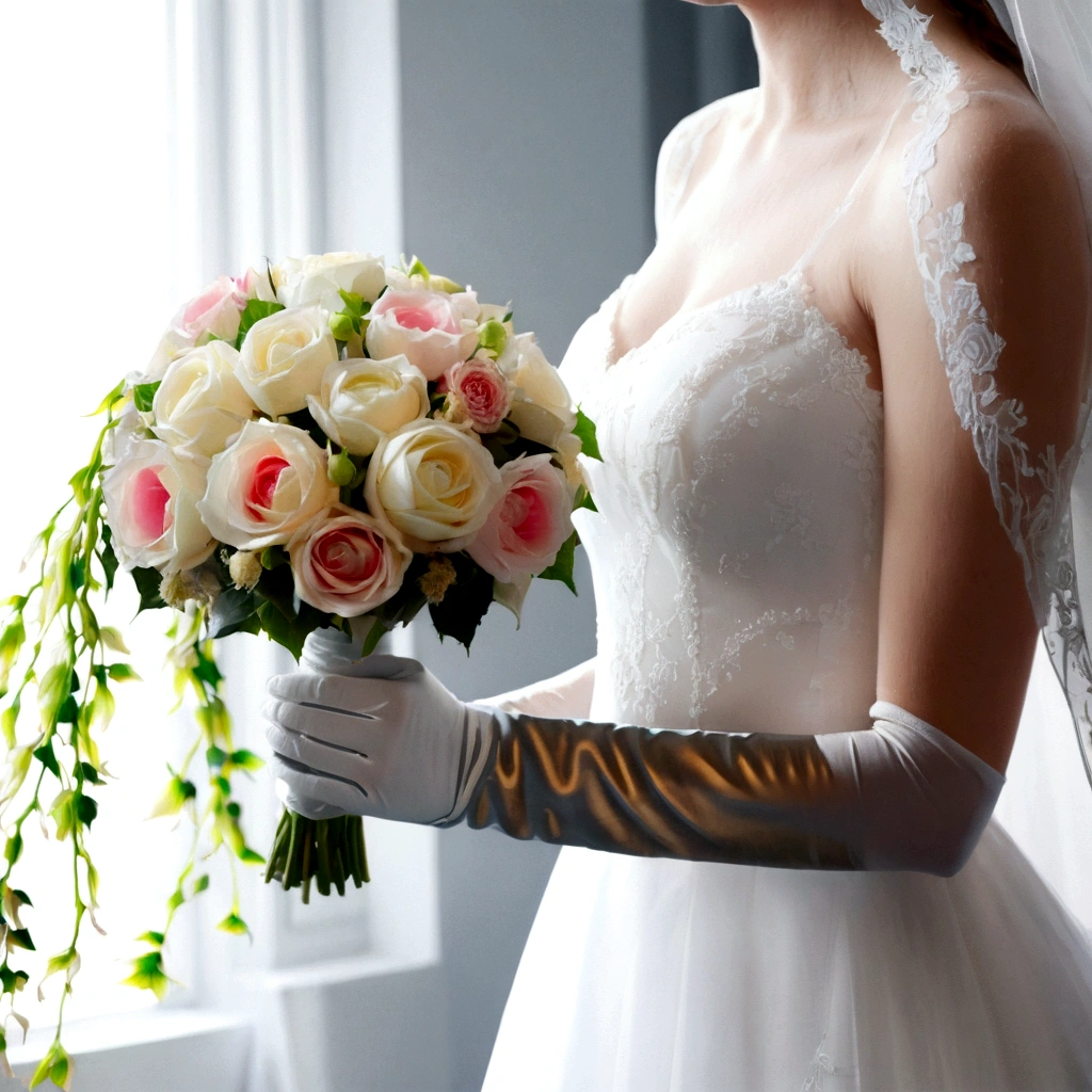 cinematographic style, cinematography, Tyndall effect, Bride with bouquet, wearing a pristine white wedding dress, backlit, raytraced, rim lighting, hard shadow, (best quality,4k,8k,highres,masterpiece:1.2),ultra-detailed,(realistic,photorealistic,photo-realistic:1.37),UHD,studio lighting,ultra-fine painting,sharp focus,physically-based rendering,extreme detail description,professional,vivid colors,bokeh, film grain