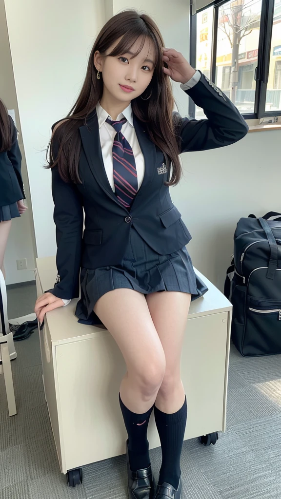 (16K, Raw photography, Top image quality, ​masterpiece: 1.45), (realisitic, Photorealsitic: 1.37), one girls, cute little, A city scape,, profetional lighting, photon maping, school classrooms, physically-based renderingt, dark brown  hair,pony tail hairstyle, Well-groomed and beautiful eyes、((double eyelid))、Transcendent Cute Girl, (((student clothes、blazers、Long sleeve shirt worn by Japan high school girl、Ribbon Ties、Dark blue mini skirt,、Dark blue socks、Black loafers))), Top Quality Photos, hight resolution, 1080P, (clearface), (Detailed face description), (Detailed hand description), (​masterpiece), (Exquisite CG)、extreme light and shadows、dishevled hair、master work、abundant detail、(Fine facial features)、(top quality photo)、(masuter piece)、(A detailed eye)、Look in front of you、Fine clavicle、((Slender big))、(((Japan schoolgirls wear jackets and long-sleeved shirts)))、((Neat and clean idol))、((School Gate、school ground、School building in the background))、(Shooting from random perspectives)、(((Anyway cute)))、earrings、A big smile、Drawing the whole body from the knees、Do not draw nasolabial folds、(((Sports bags used by Japan schoolgirls)))、(Big breasts that hang down big:1.2)、Big buttocks with tension、Two arms and two legs、(((from the front side:0.7)))、bare hand、(((Left and right symmetrical eyes)))、Standing Pose、There are chairs、Put your hands on your desk、Do not take the tie out of the jacket、Raise your buttocks:1.5，barebacked:1.5，
