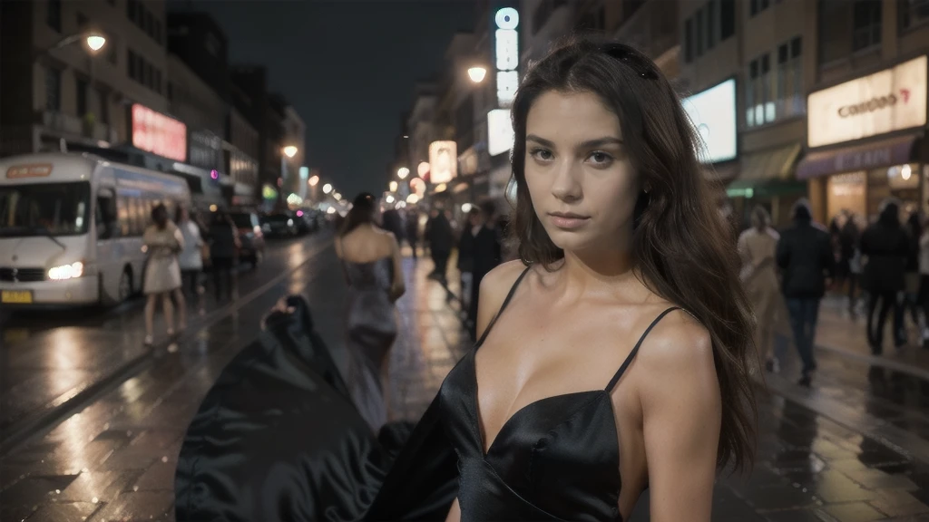 ultra-realistic, ultra-detailed photography taken on Canon, A full-length photo-realistic photograph of the elegant 25-year-old Colombian model, adorned with flowing dark hair and wearing a sophisticated evening dress that highlights her natural grace. The image captures her amid the bustling lights of the city on a rainy evening, pairing dramatic makeup with a serene expression to evoke a sense of urban mysticism and timeless beauty.