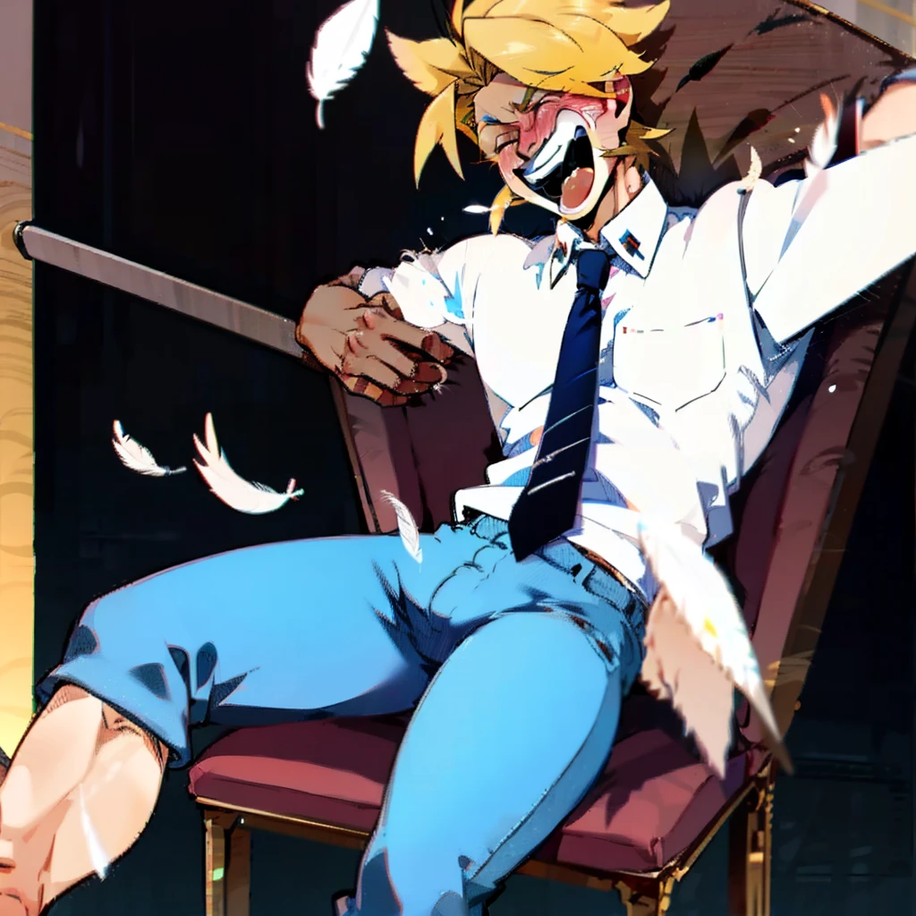 , blonde handsome skinny man wearing white shirts and blue ties and grey pants laughing, sitting on chair and feet on desk, feet tickling by feathers held by handsome skinny brown haired man, toes tickled by feathers , office background 