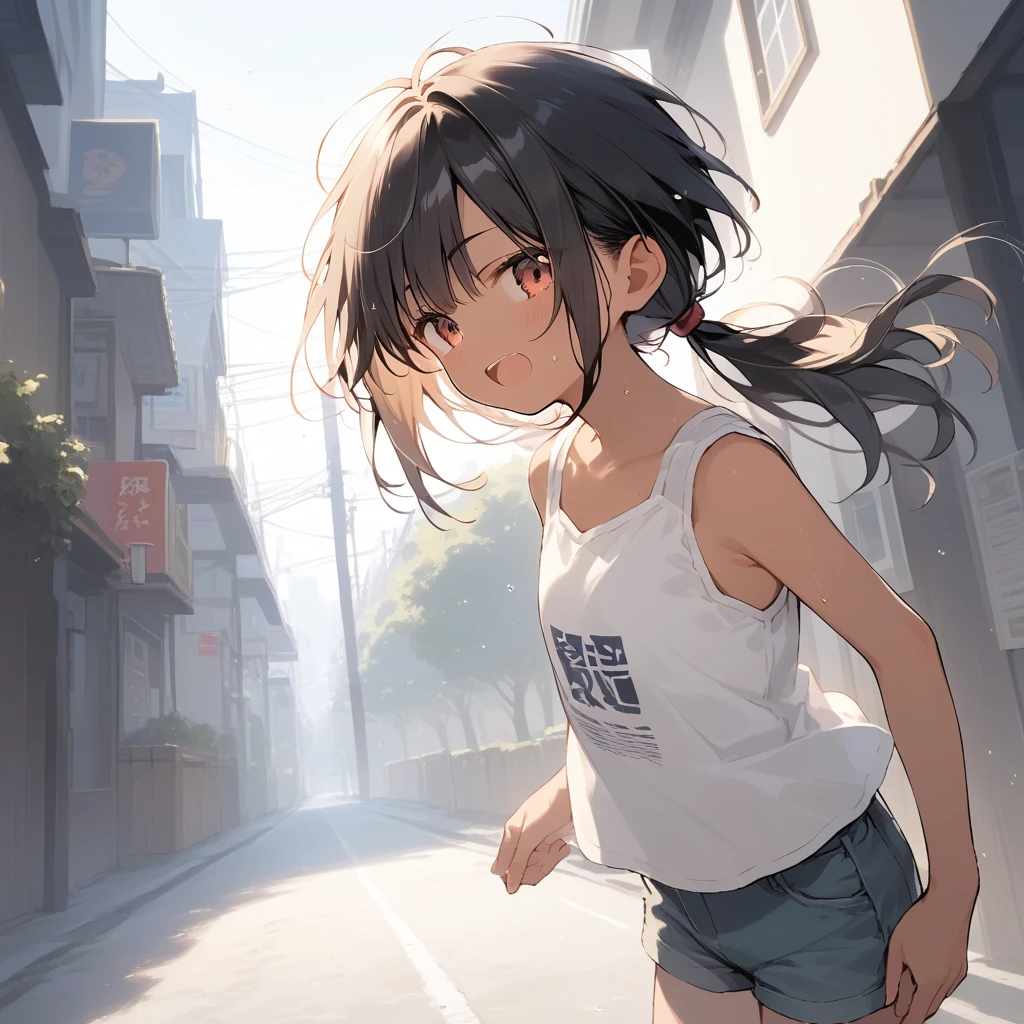 score_9, score_8_up, score_7_up, source_anime, best quality, masterpiece, official art, absurdres, highres, ultra-detailed,waifu2x,Collection: Slice of Life,break,1girl, tomboy, dark-skinned female, short hair, low ponytail, flat chest, beautiful detailed eyes, short shorts, sweat, open mouth, (yawn:0.3), sleepily, outdoors, wind,break,(clear line illustration:1.2), super detailed skin,very high resolution, very aesthetic, Best sexual lighting powered by famous artist, 8k,cute picture,beauty illustration,photoshop_(medium),,(Detailed Lighting),best anime 8k konachan wallpaper, pixiv contest winner,