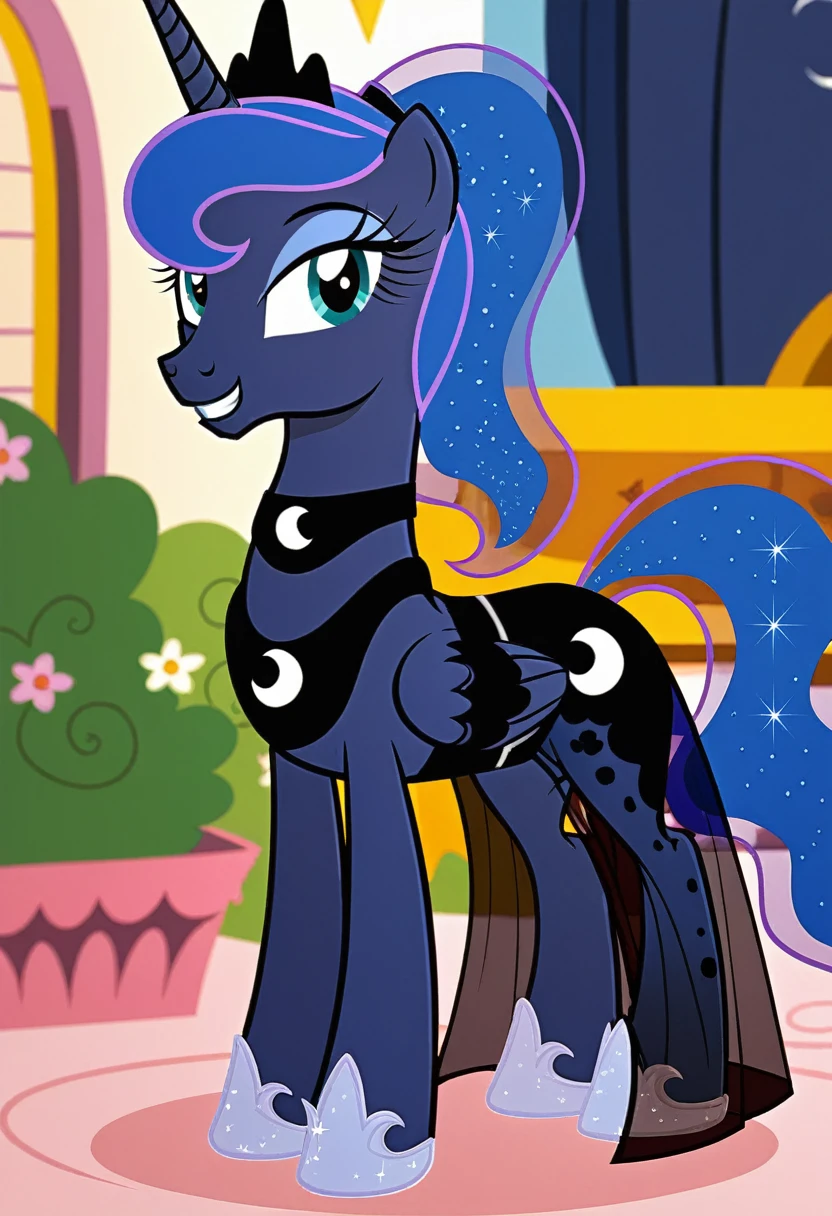 Pony . Black see trough dress with black choker, Princess Luna smiling
