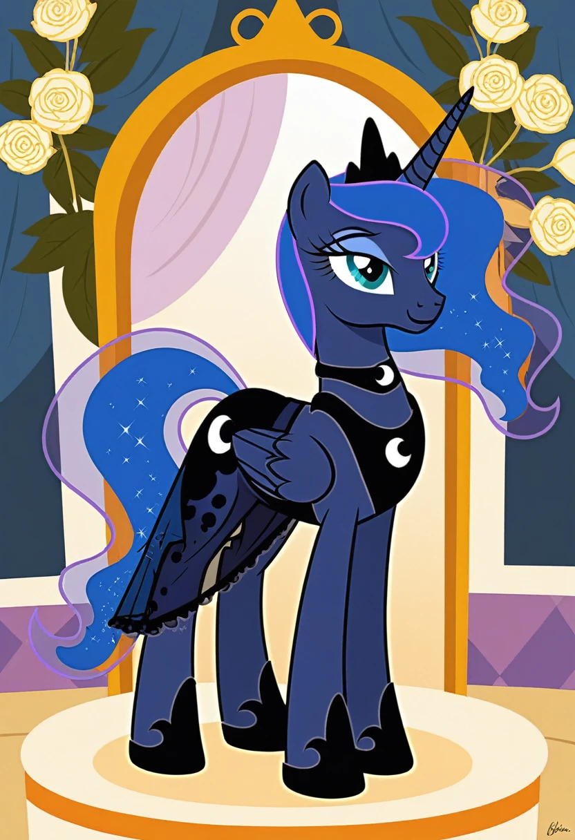 Pony . Black see trough dress with black choker, Princess Luna smiling 