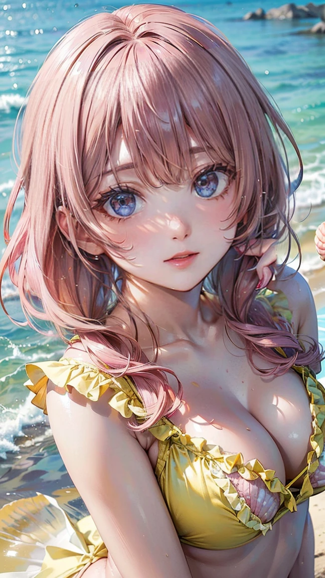 (Masterpiece, BestQuality:1.3), (ultra detailed:1.2), (hyperrealistic:1.3), (RAW photo:1.2), High detail RAW color photo, professional photograph, (Photorealistic:1.4), (realistic:1.4), (Pink Hair:1.5), professional lighting, perfect anatomy, (Big Breasts:1.2), (blush, detailed face), (A happy smile:1.7), sexly, erotic sexly, Random sexy gravure poses, (Beautiful cosplayer wearing a yellow frilly bikini、She is jumping around on the shoreline and showing us an innocent smile.。A seashell bracelet adds a sexy touch。:1.3)