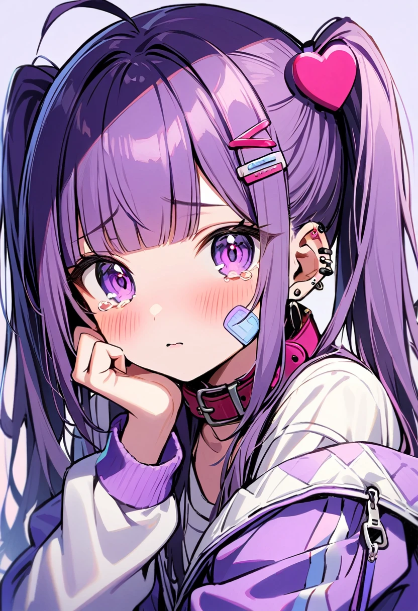 1girl, solo, long hair, looking at viewer, blush, bangs, hair ornament, long sleeves, twintails, jewelry, purple eyes, jacket, upper body, purple hair, ahoge, heart, earrings, hairclip, blunt bangs, off shoulder, collar, piercing, ear piercing, bandaid, bandaid on face,crying