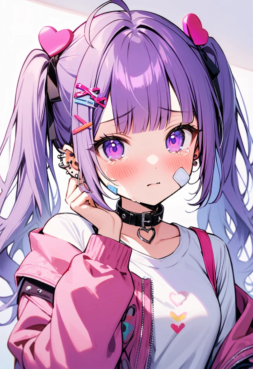 1girl, solo, long hair, looking at viewer, blush, bangs, hair ornament, long sleeves, twintails, jewelry, purple eyes, jacket, upper body, purple hair, ahoge, heart, earrings, hairclip, blunt bangs, off shoulder, collar, piercing, ear piercing, bandaid, bandaid on face,crying
